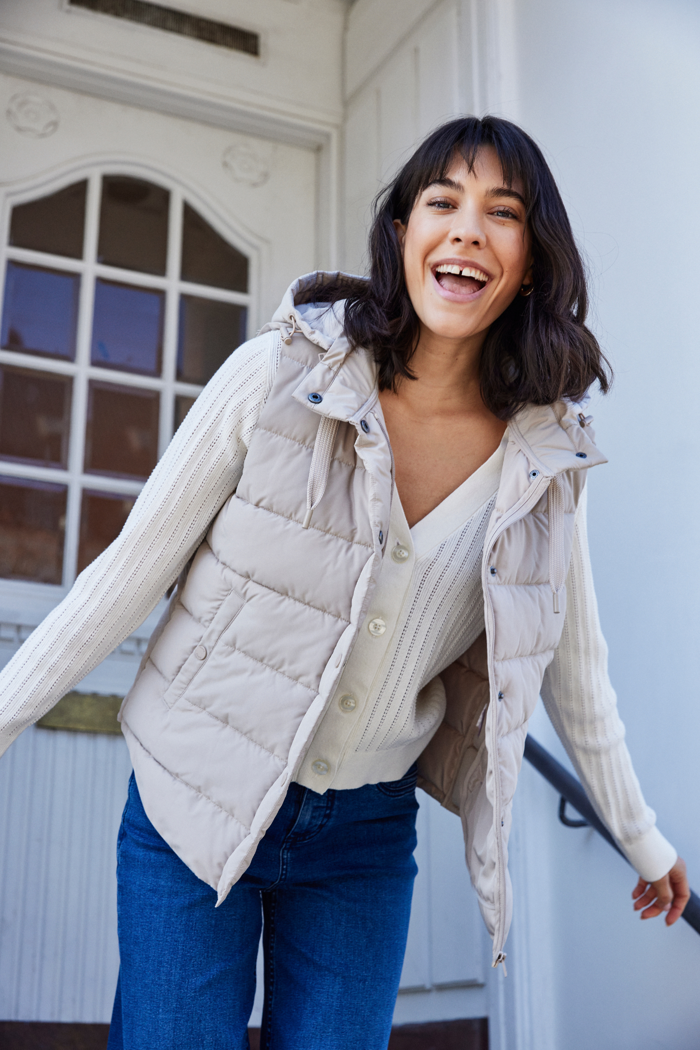 Lightweight padded gilet in Oxford Tan by Fransa. An easy everyday layer for spring and autumn. Shop online or in store at Dotique.