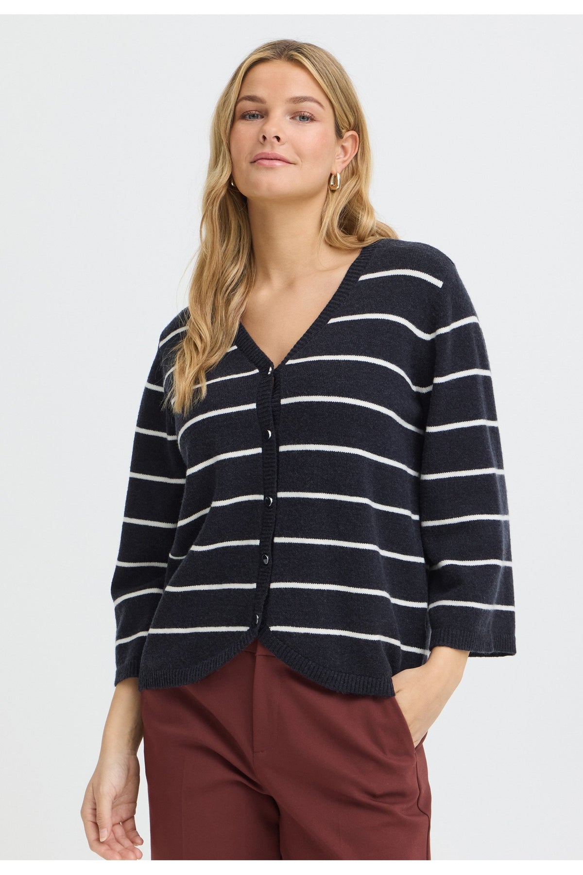 Fransa FRBITTE CAR 3 Salute Stripe Cardigan – model front. Shop Fransa at Dotique.