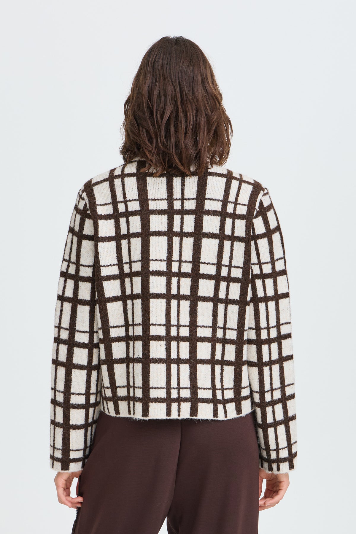 Fransa FRCINDY CAR 1 Mole Check Cardigan – model back. Shop Fransa at Dotique.