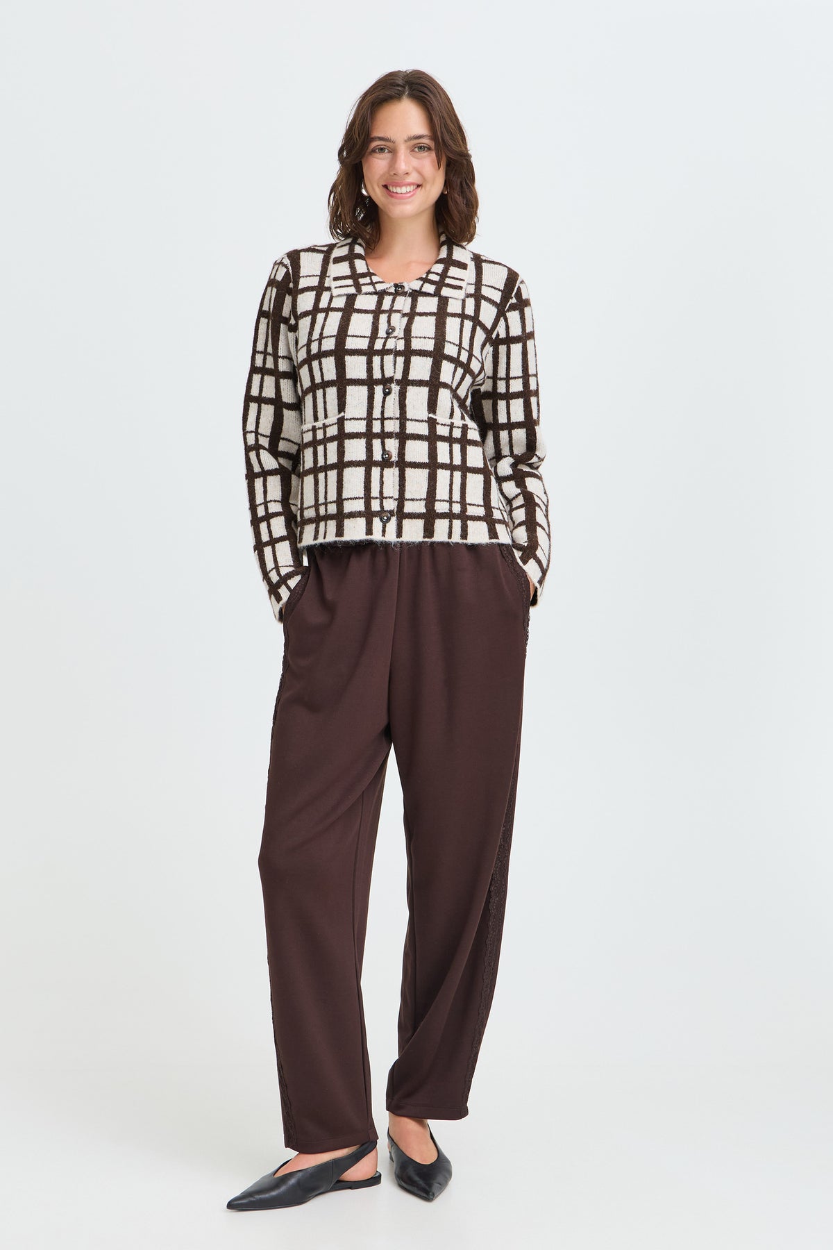 Fransa FRCINDY CAR 1 Mole Check Cardigan – model front. Shop Fransa at Dotique.