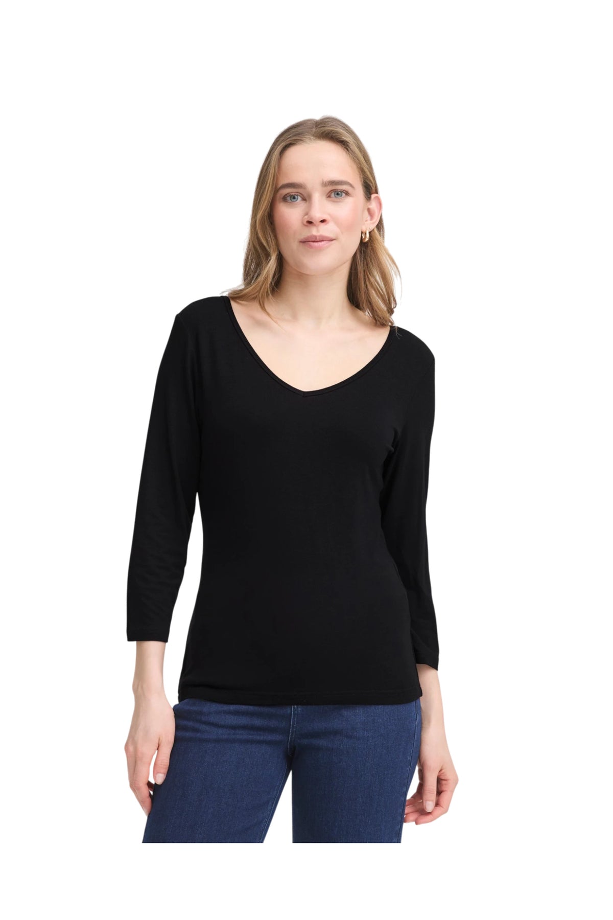 Fransa FRDOTTA TEE 1 Black Reversible 3/4 Sleeve Top – model front. Shop Fransa at Dotique.