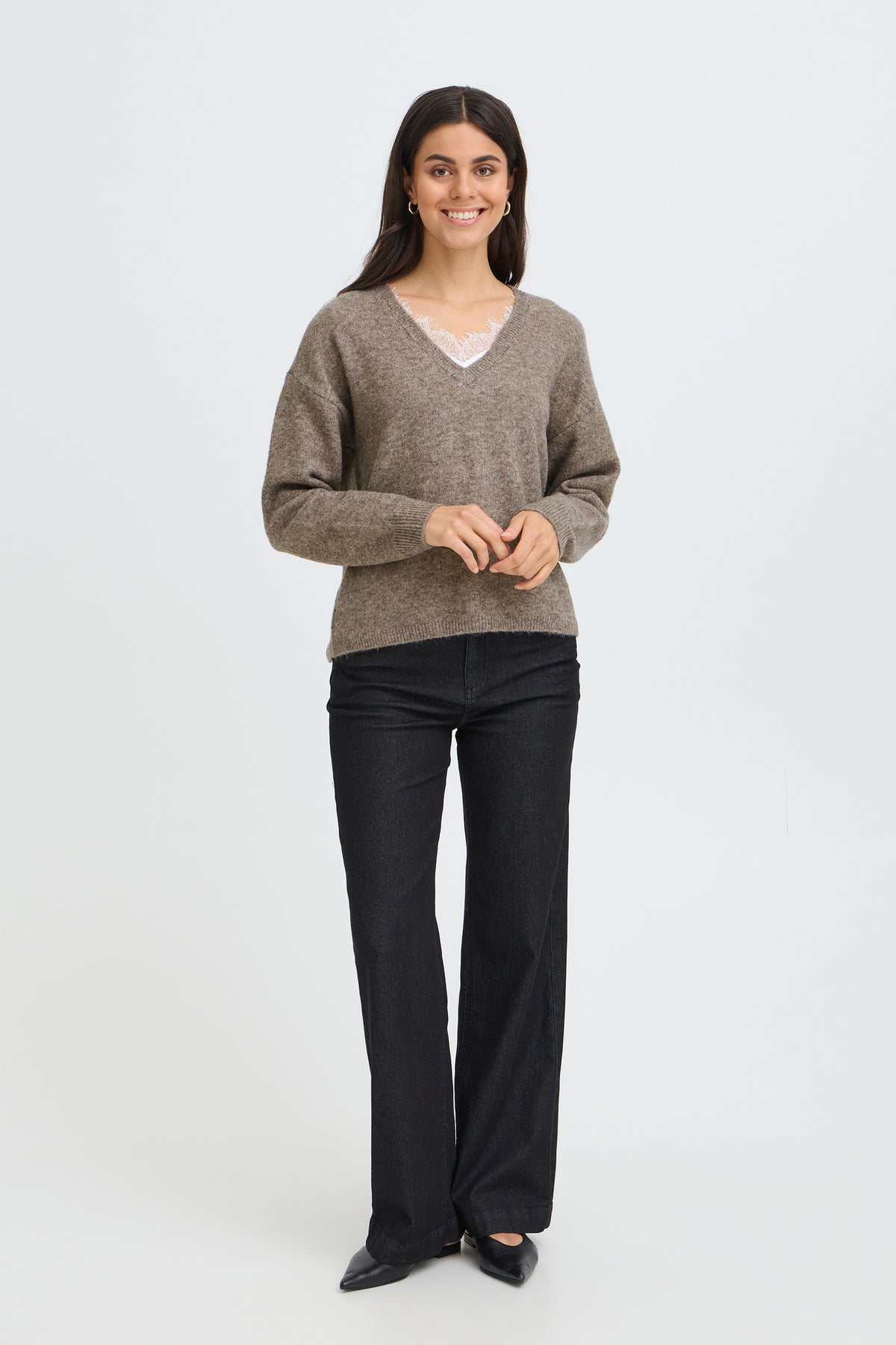 Fransa FRELLEN PU 3 Driftwood Mix Jumper – model front. Shop Fransa at Dotique.