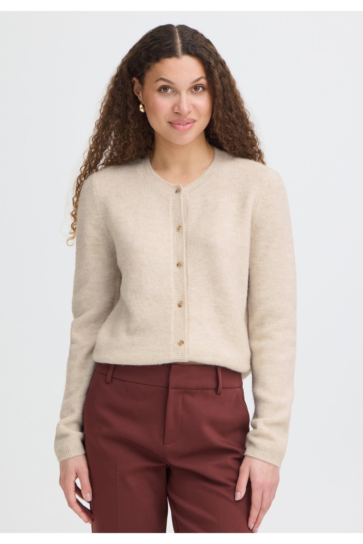 Fransa FRELLIS CAR 2 Oatmeal Melange Cardigan – model front. Shop Fransa at Dotique.