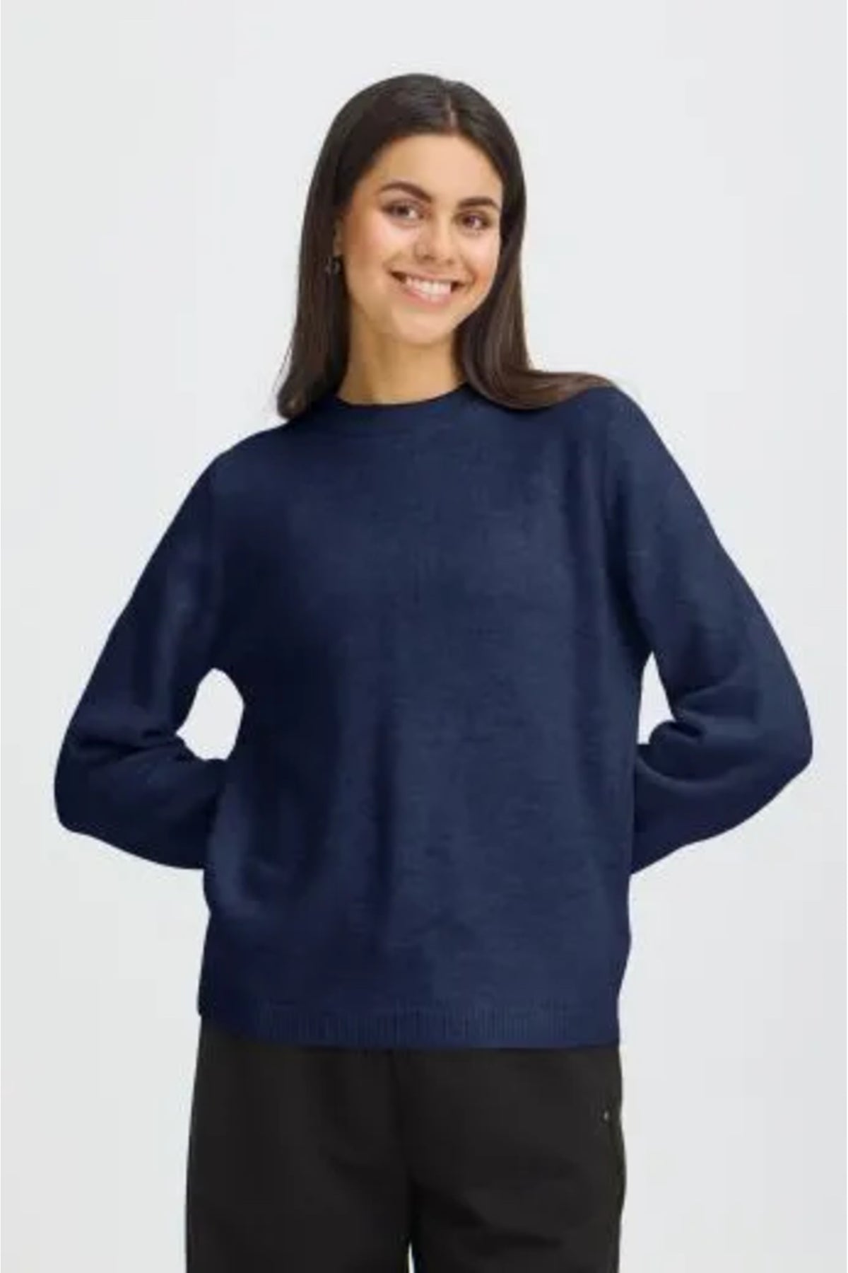 Fransa FRELLIS PU 1 Blue Depths Melange Jumper – model front. Shop Fransa at Dotique.