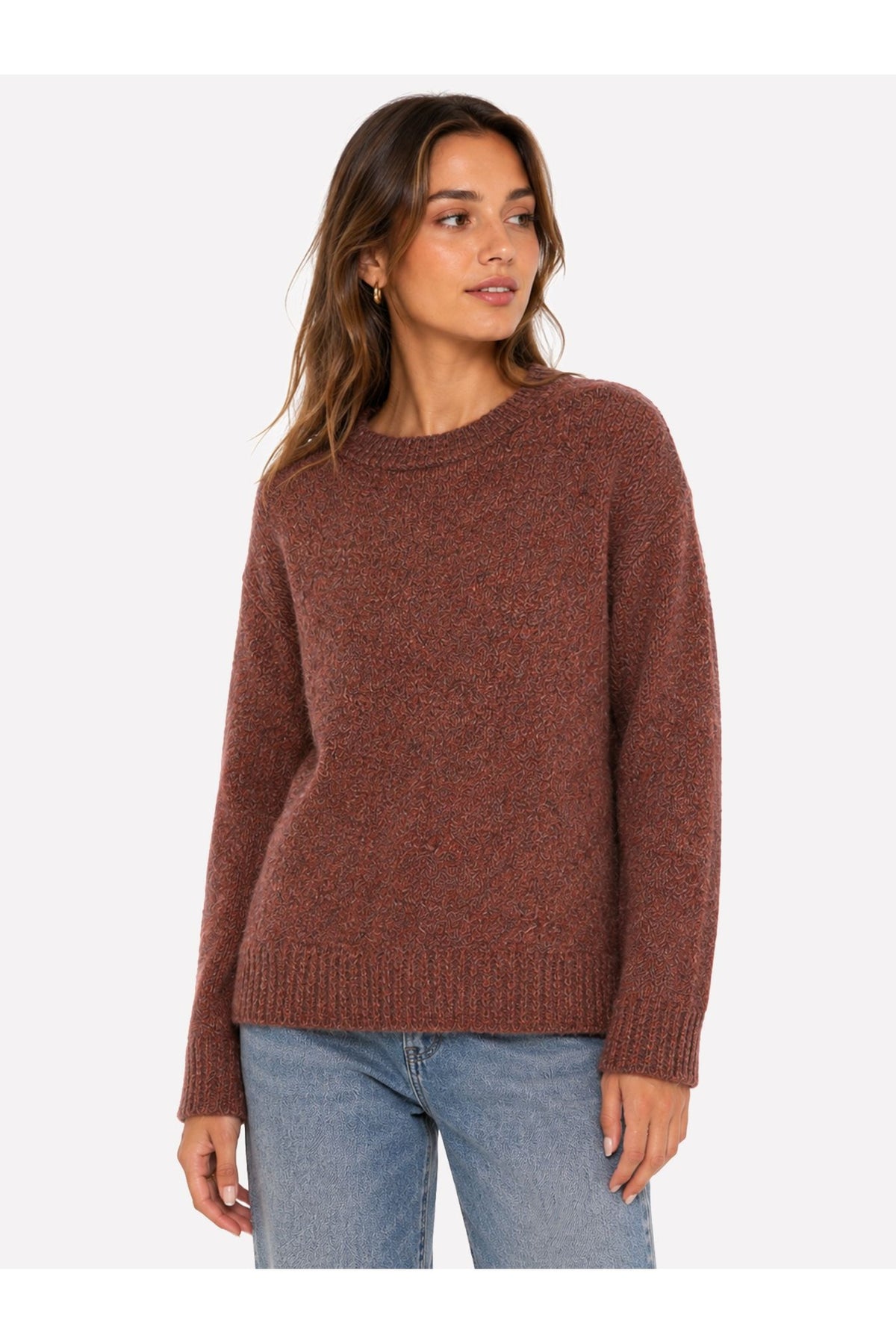 Fransa FRELLIS PU 1 Rum Raisin Melange Jumper – model front. Shop Fransa at Dotique.