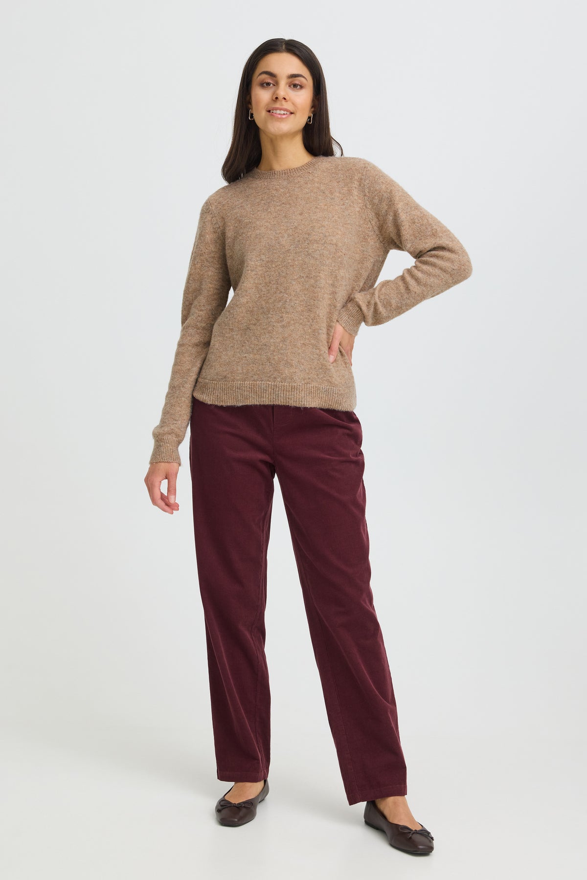 Fransa FRFIA PU 1 Driftwood Melange Jumper – model front. Shop Fransa at Dotique.
