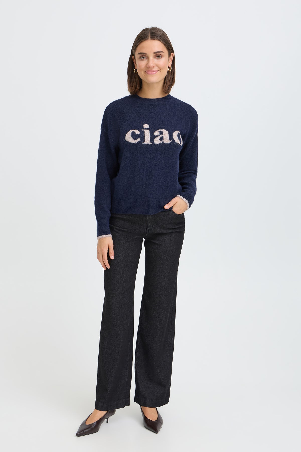 Fransa FRFLORENCE PU 2 Salute Text Jumper – model front. Shop Fransa at Dotique.