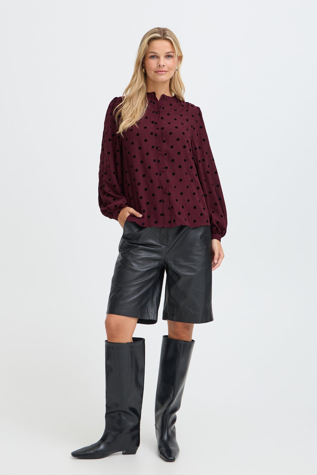 Fransa FRFLOT SH 1 Flock Dot Port Royale Shirt – model front. Shop Fransa at Dotique.