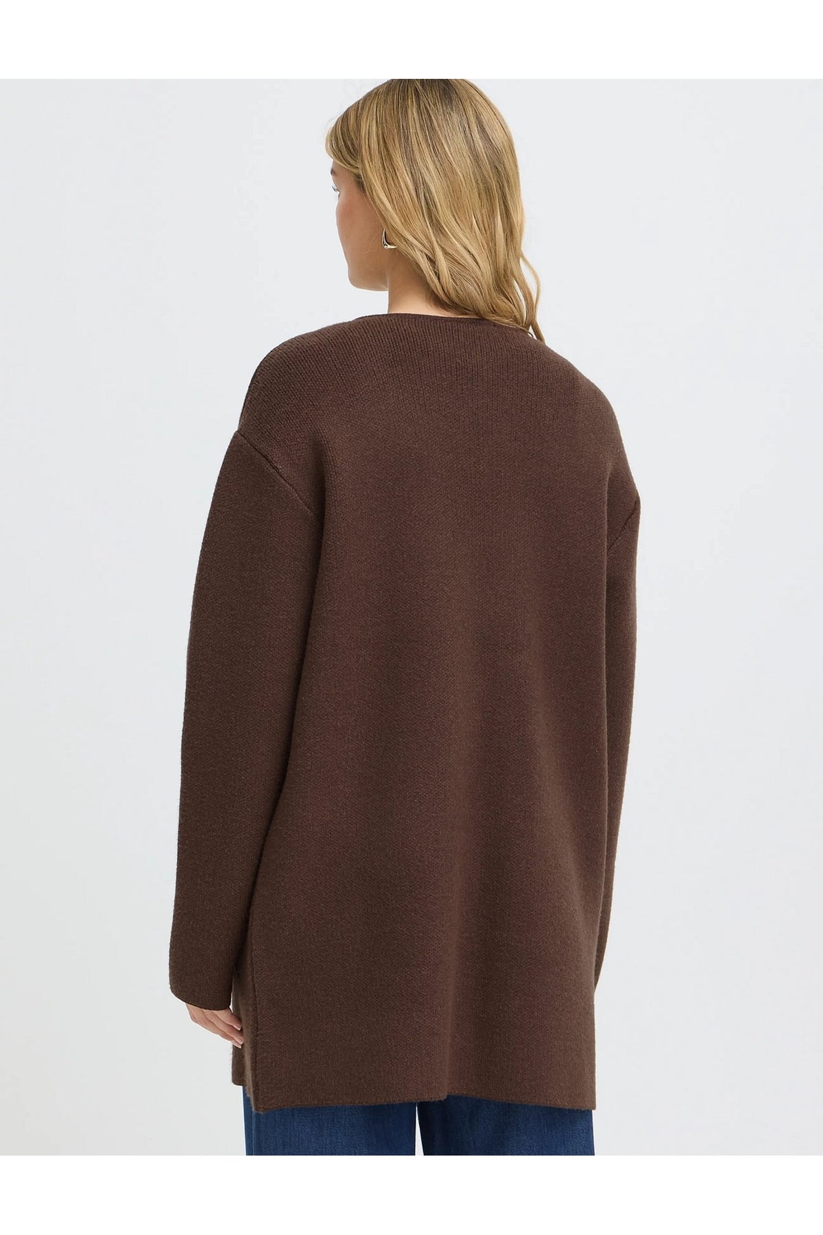 Fransa FRGIA CAR 2 Rain Drum Cardigan – model back. Shop Fransa at Dotique.