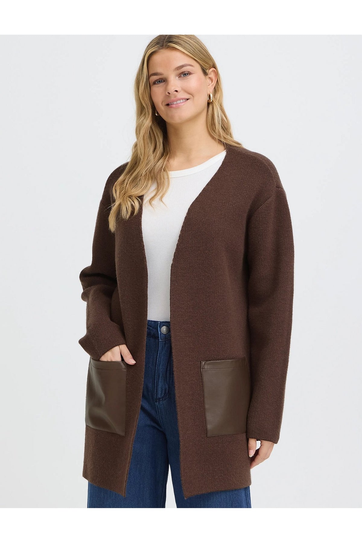 Fransa FRGIA CAR 2 Rain Drum Cardigan – model front. Shop Fransa at Dotique.