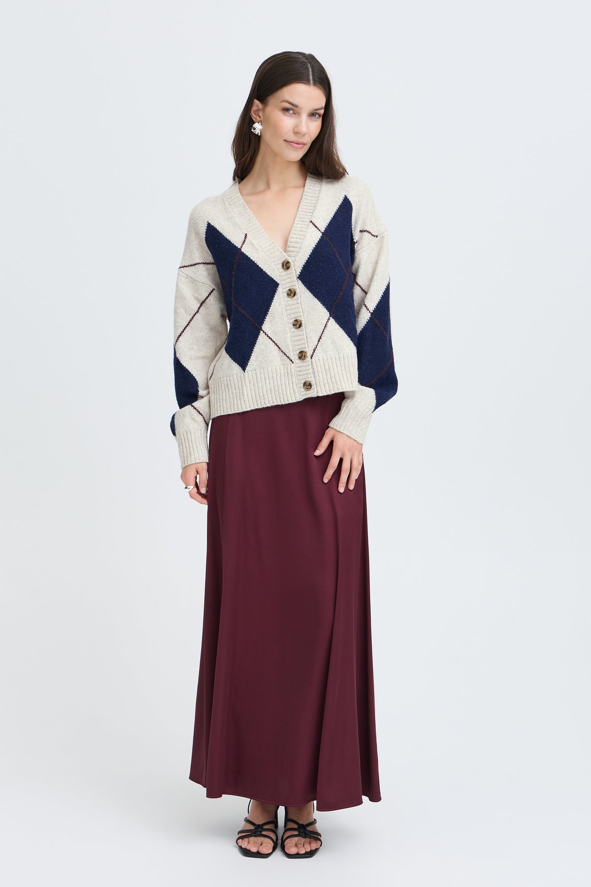 Fransa FRGIGI CAR 2 Oatmeal Melange Check Cardigan – model front. Shop Fransa at Dotique.