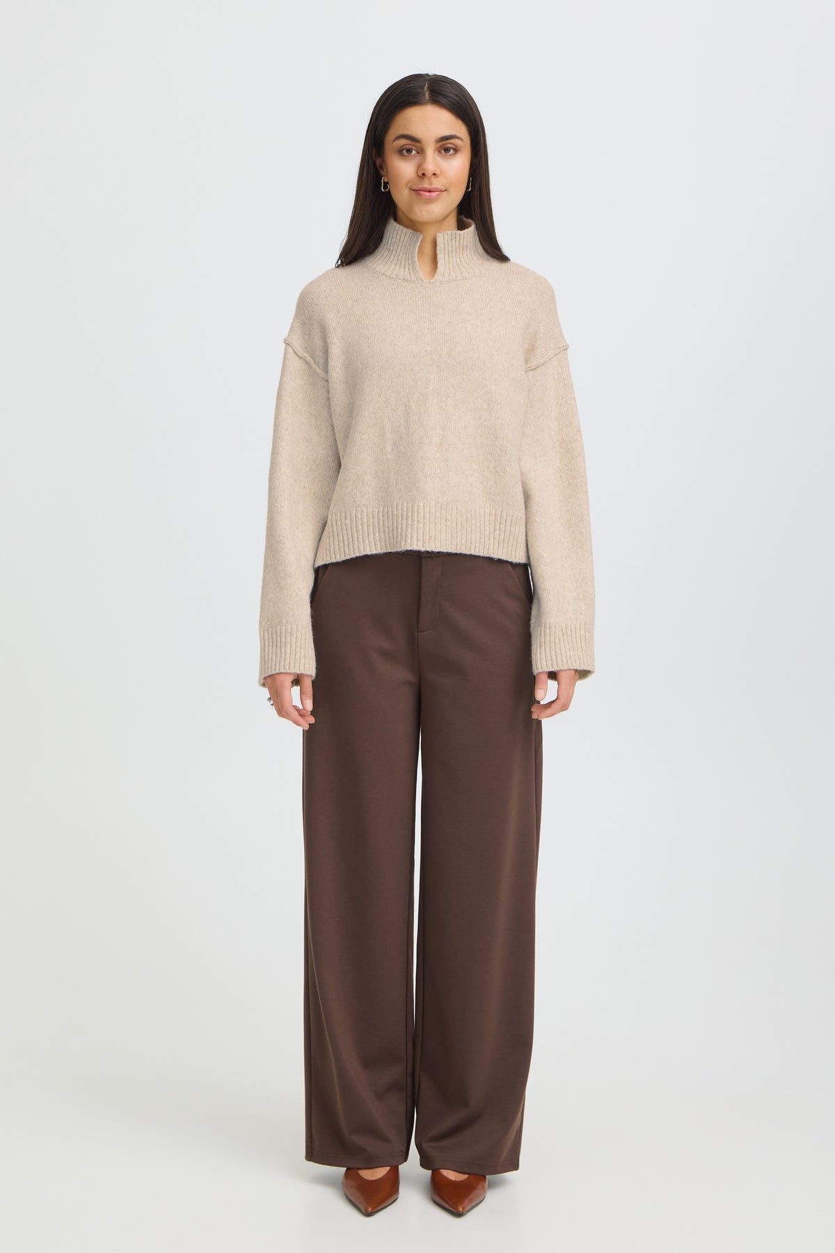 Fransa FRGIGI PU 3 Oatmeal Melange Jumper – model front. Shop Fransa at Dotique.