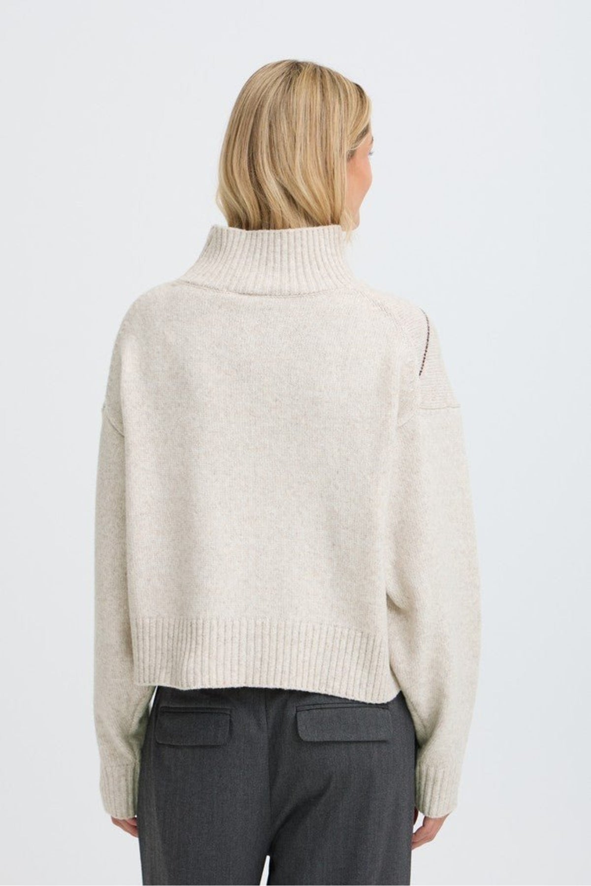 Fransa FRGIGI PU 4 Oatmeal Melange Check Jumper – model back. Shop Fransa at Dotique.