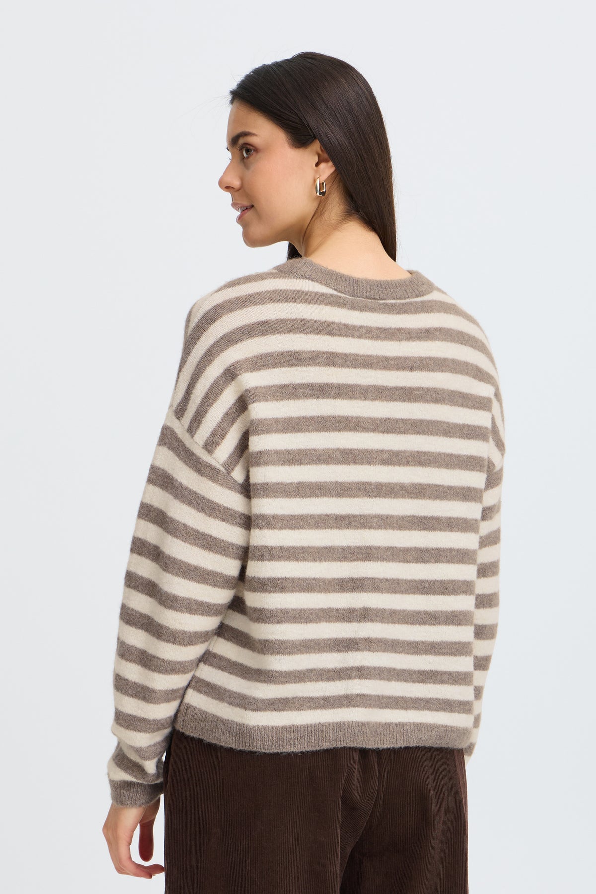 Fransa FRIDAA PU 1 Driftwood Stripe Jumper – model back. Shop Fransa at Dotique.