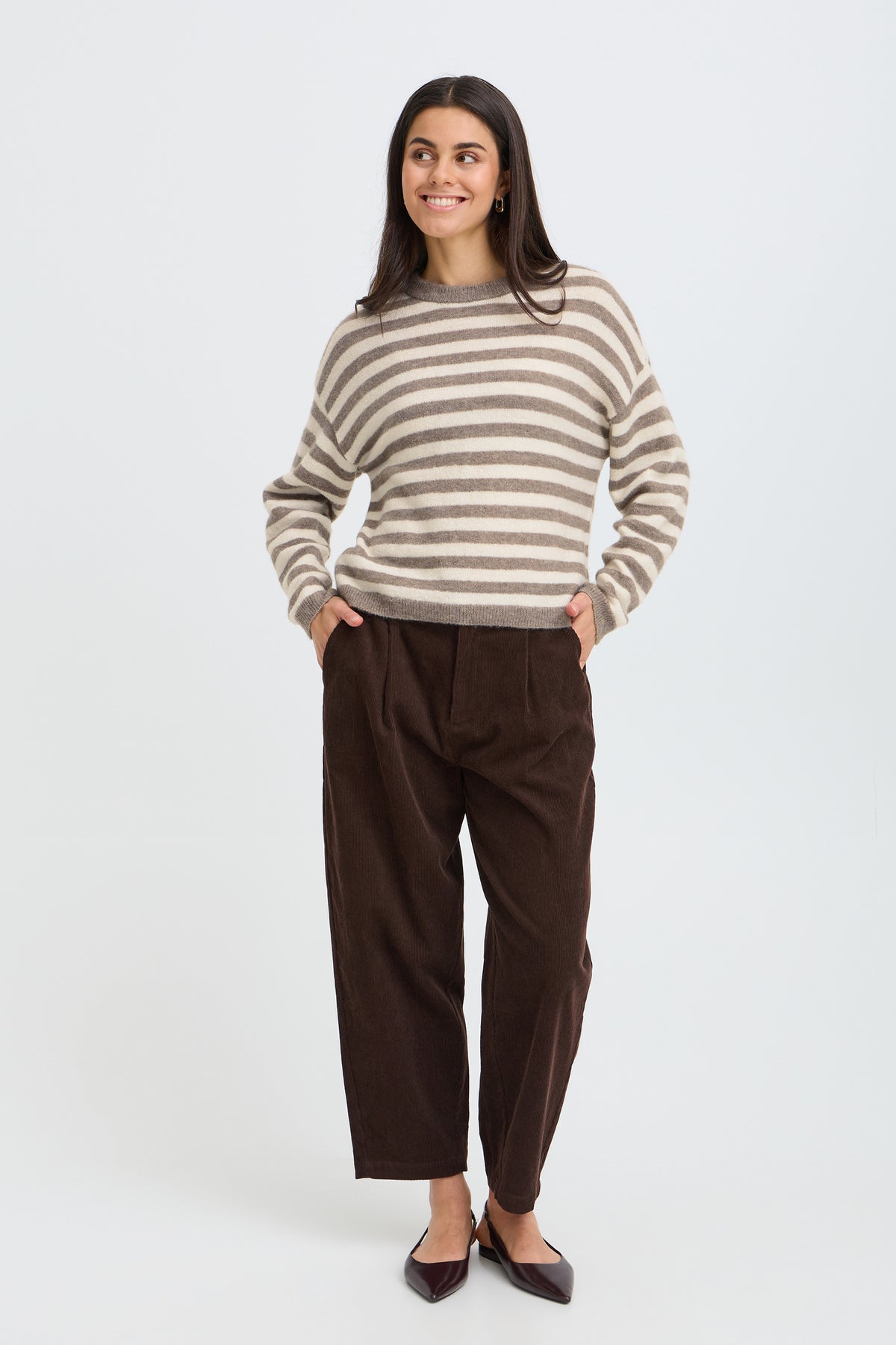 Fransa FRIDAA PU 1 Driftwood Stripe Jumper – model front. Shop Fransa at Dotique.