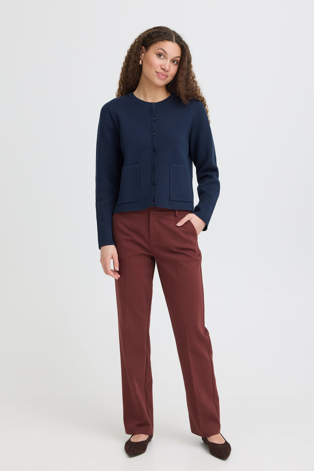 Fransa FRITA CAR 14 Navy Blazer Cardigan – model front. Shop Fransa at Dotique.
