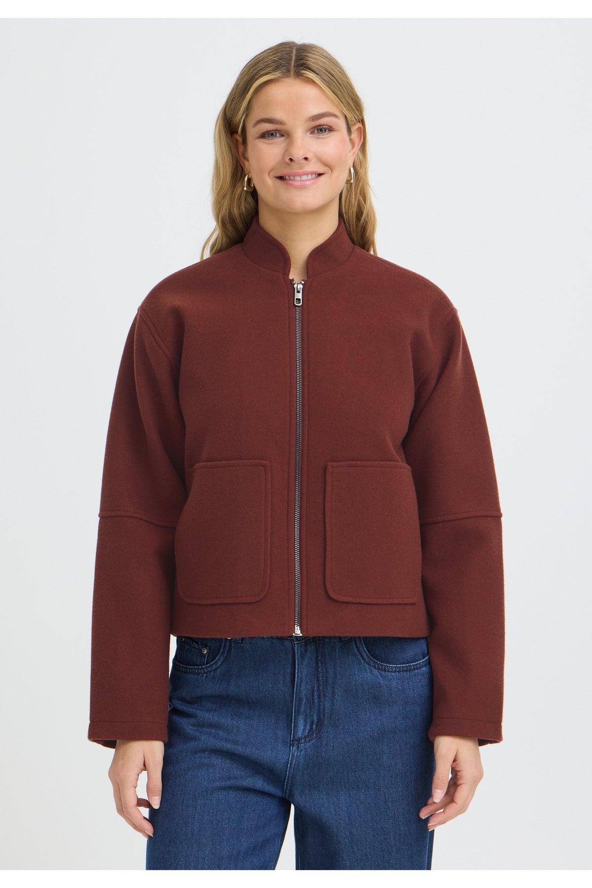 Fransa FRJOA JA 2 Rum Raisin Melange Jacket – model front. Shop Fransa at Dotique.