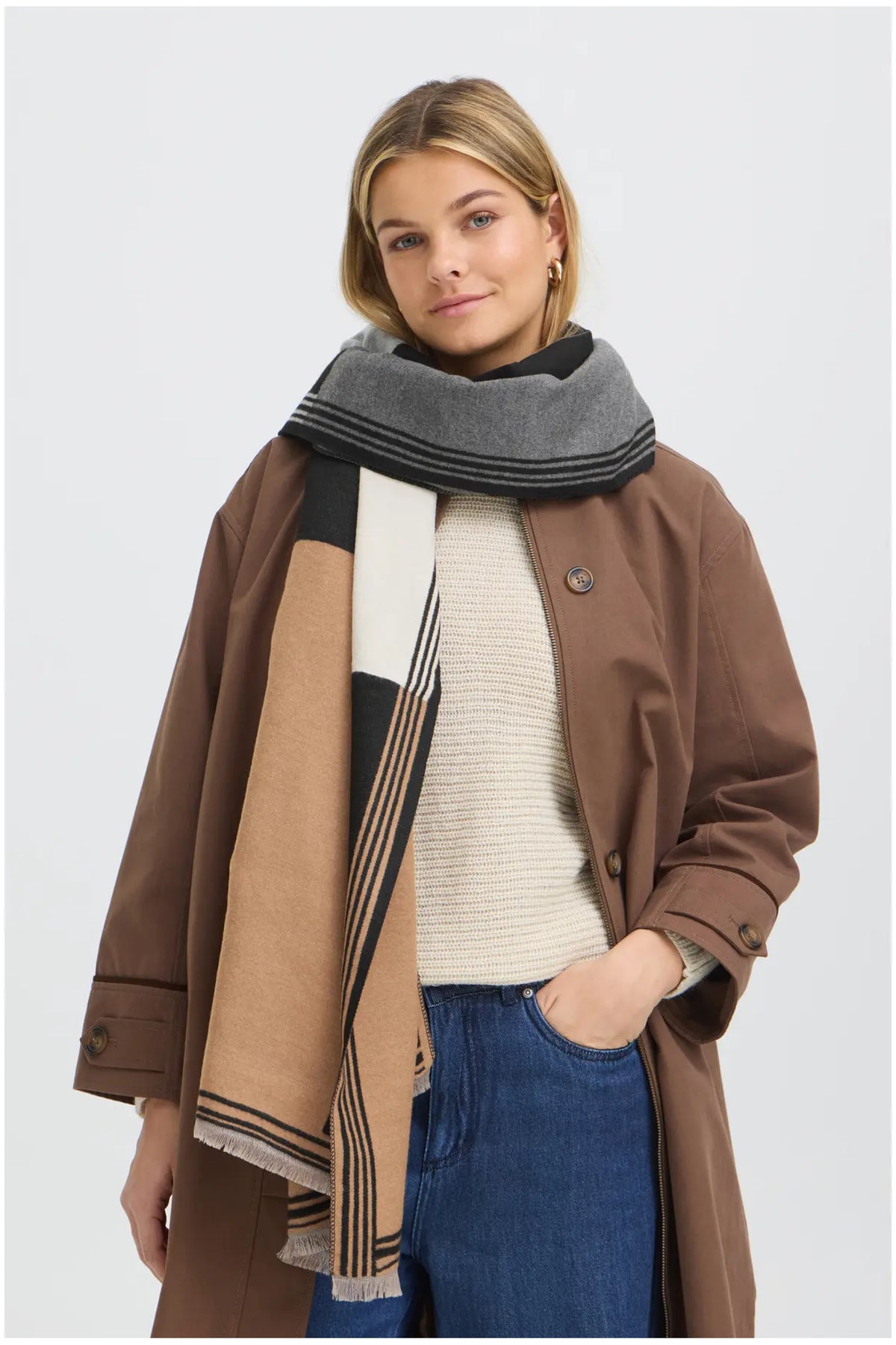 Fransa FRJONAH SCARF 1 Check Rain Drum with Tobacco Scarf – model front. Shop Fransa at Dotique.