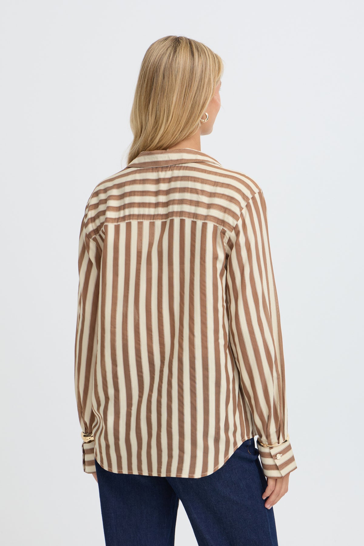 Fransa FRNOOR SH 1 Toffee Oyster Gray Stripe Shirt – model back. Shop Fransa at Dotique.
