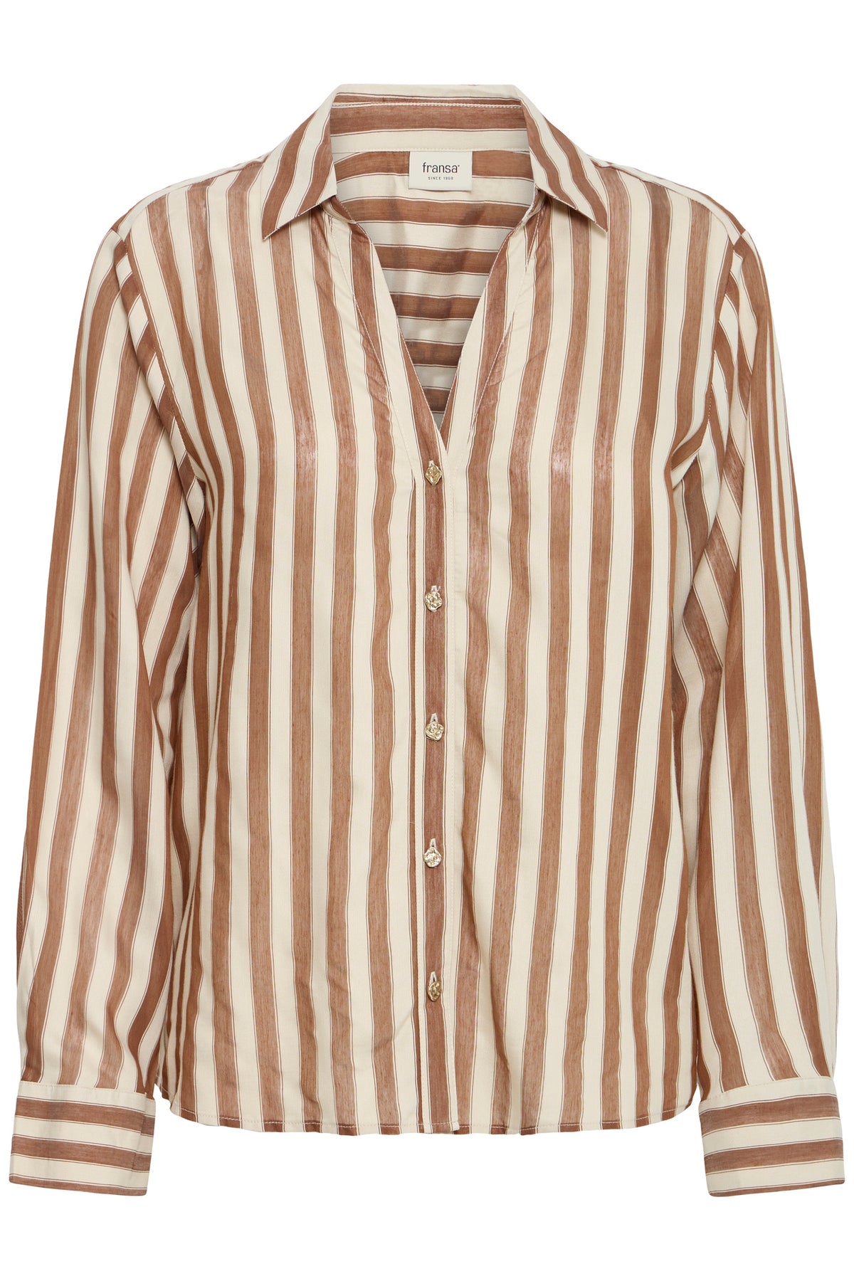Fransa FRNOOR SH 1 Toffee Oyster Gray Stripe Shirt – product front. Shop Fransa at Dotique.