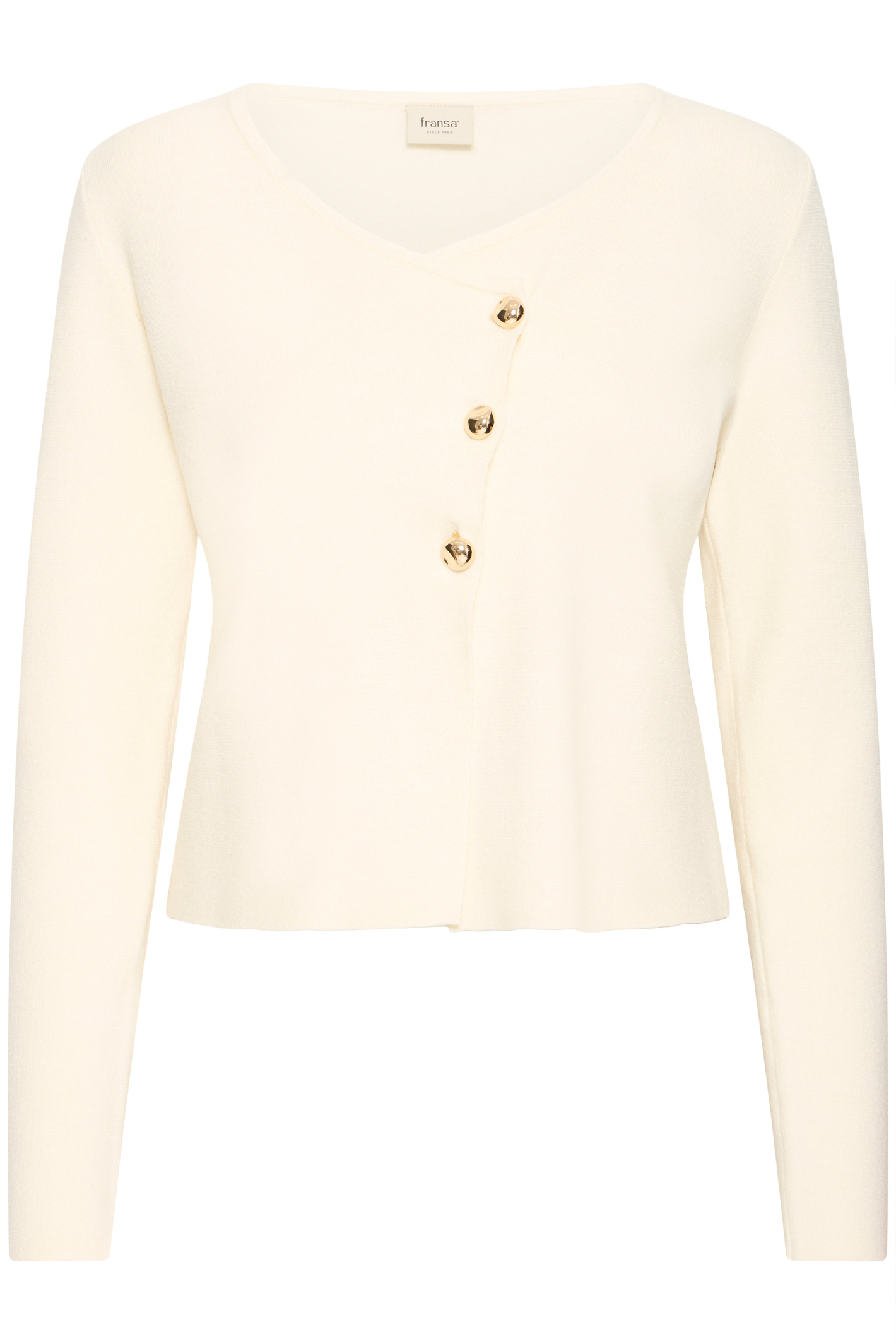 Soft Whisper White cardigan by Fransa with gold buttons. An easy, lightweight knit for everyday layering. Shop online or in store at Dotique.