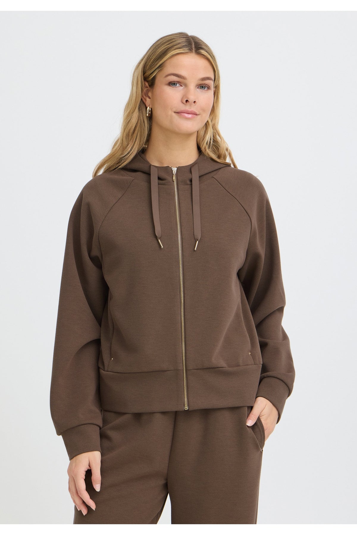 Fransa FRPRIYA CAR 1 Rain Drum Zip-Up Hoodie – model front. Shop Fransa at Dotique.
