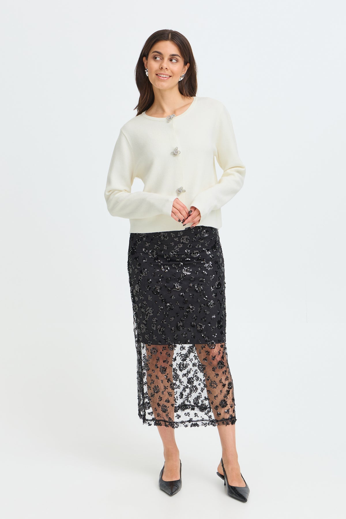 Fransa FRSALLY CAR 9 Whisper White Cardigan – model front. Shop Fransa at Dotique.