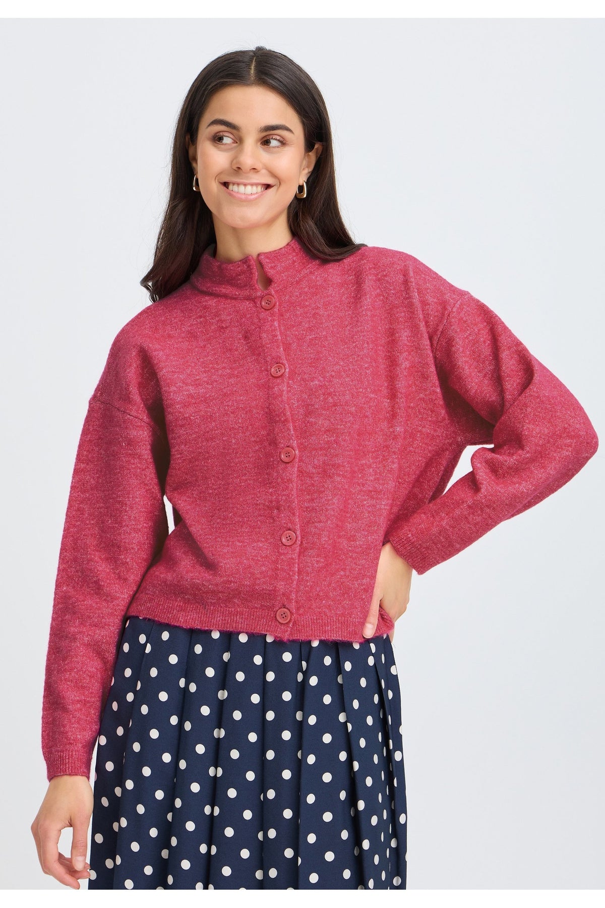 Fransa FRSANNY CAR 10 Party Punch Melange Cardigan – model front. Shop Fransa at Dotique.