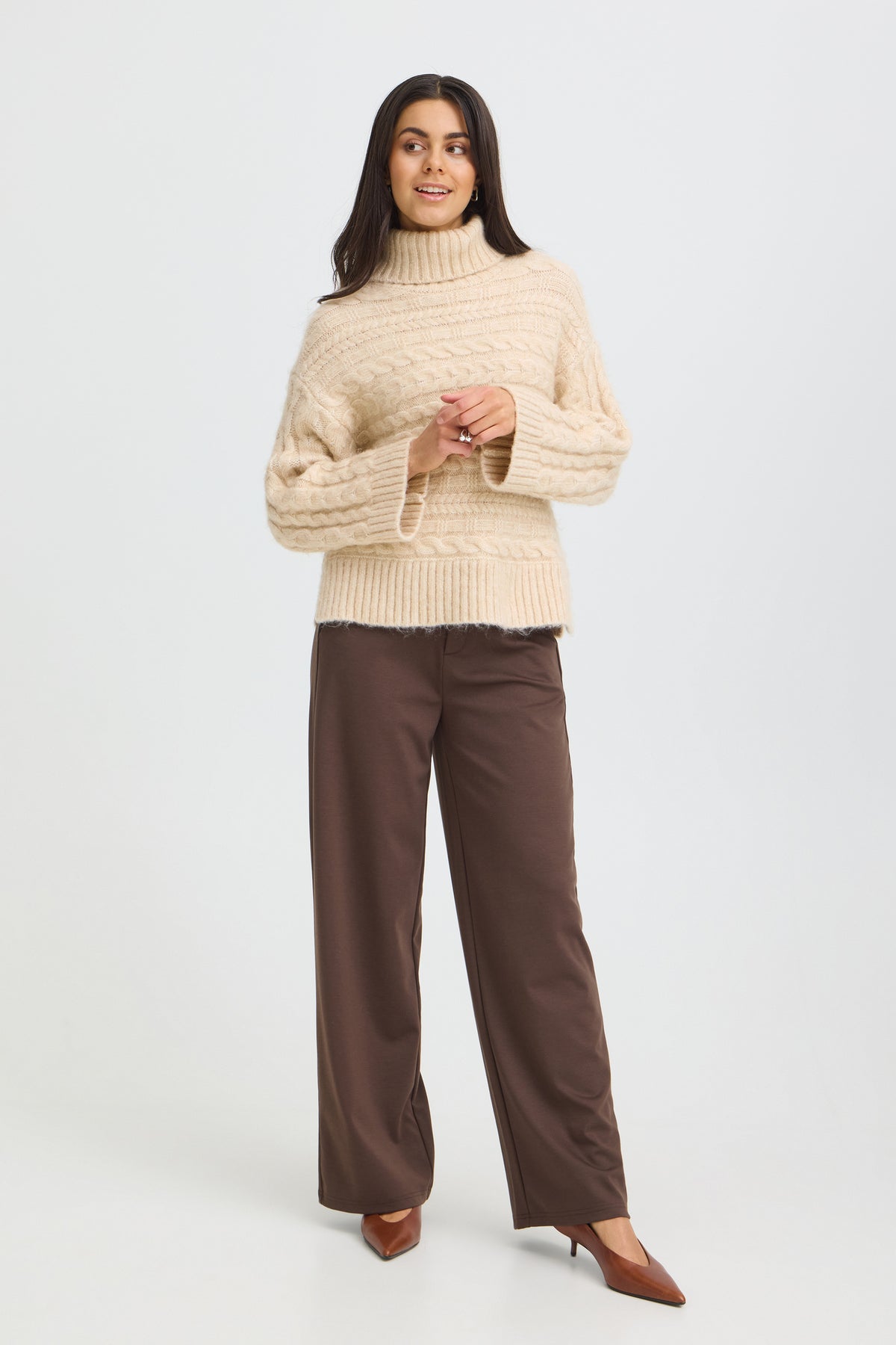 Fransa FRSASHA PU 1 Oatmeal Melange Jumper – model front. Shop Fransa at Dotique.