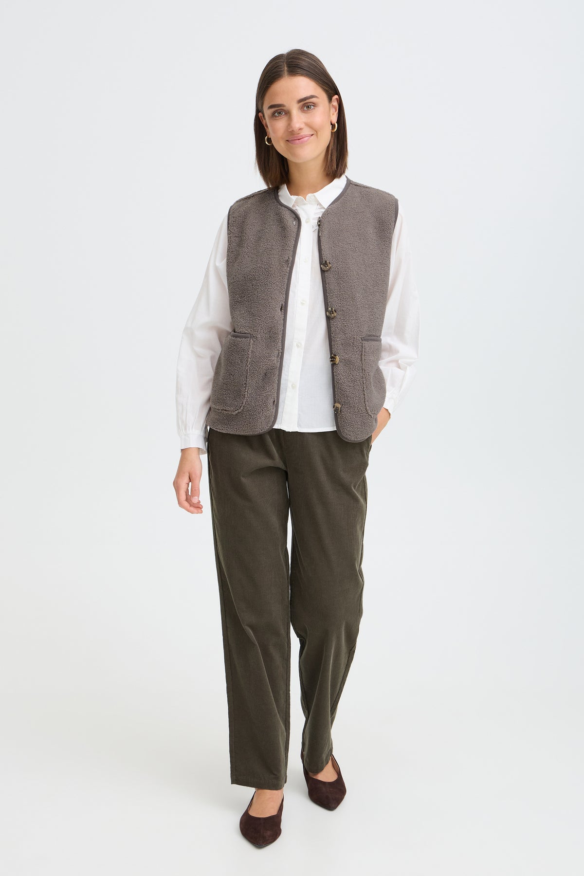 Fransa FRTENYA WA 1 Driftwood Waistcoat – model front. Shop Fransa at Dotique.