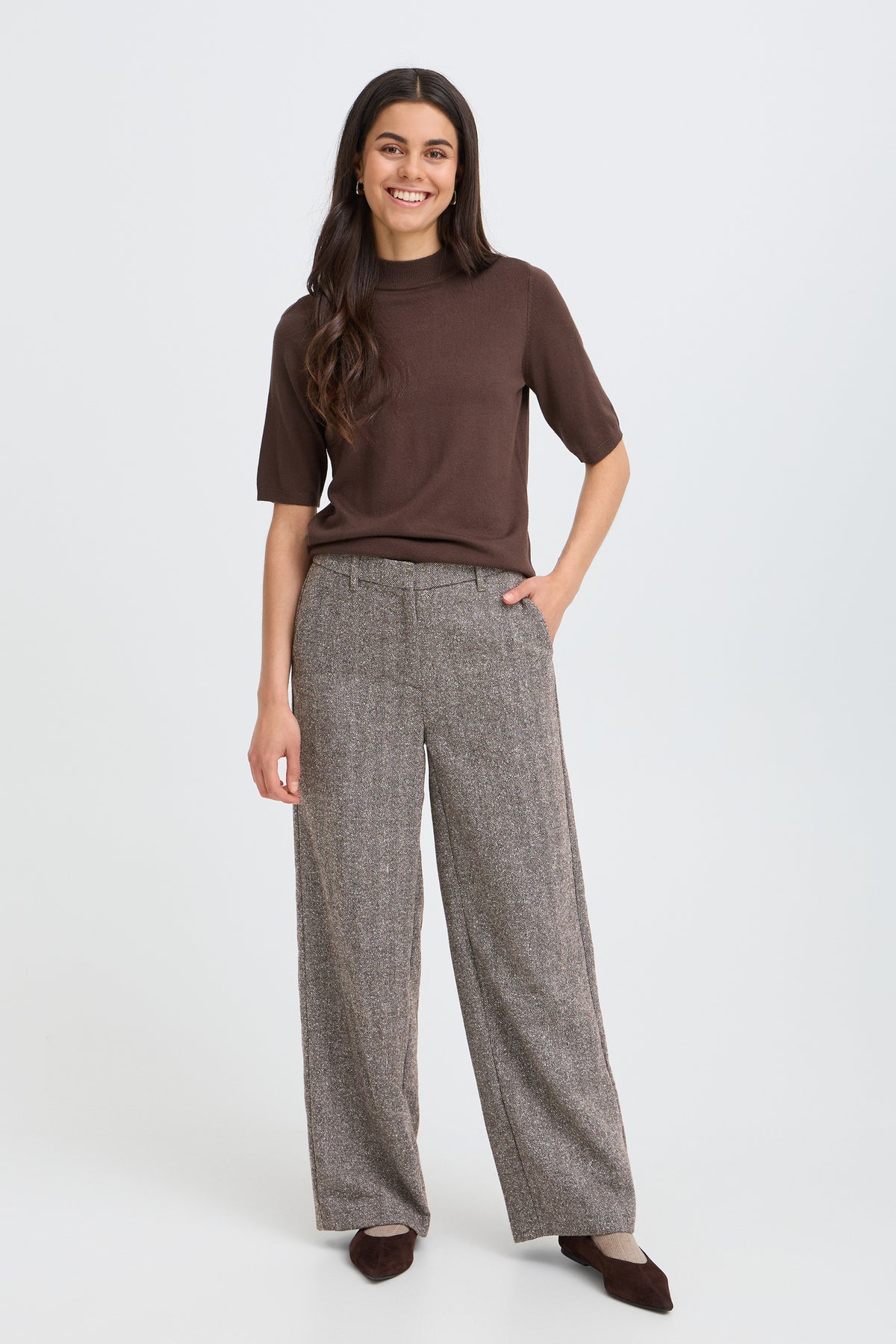 Fransa FRVEA PA 1 Hot Fudge Herringbone Trousers – model front. Shop Fransa at Dotique.
