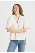 Woman smiling wearing Frieda & Freddies 261212 Stripe Collar Top Pink by frieda & freddies shop frieda & freddies at Dotique front view