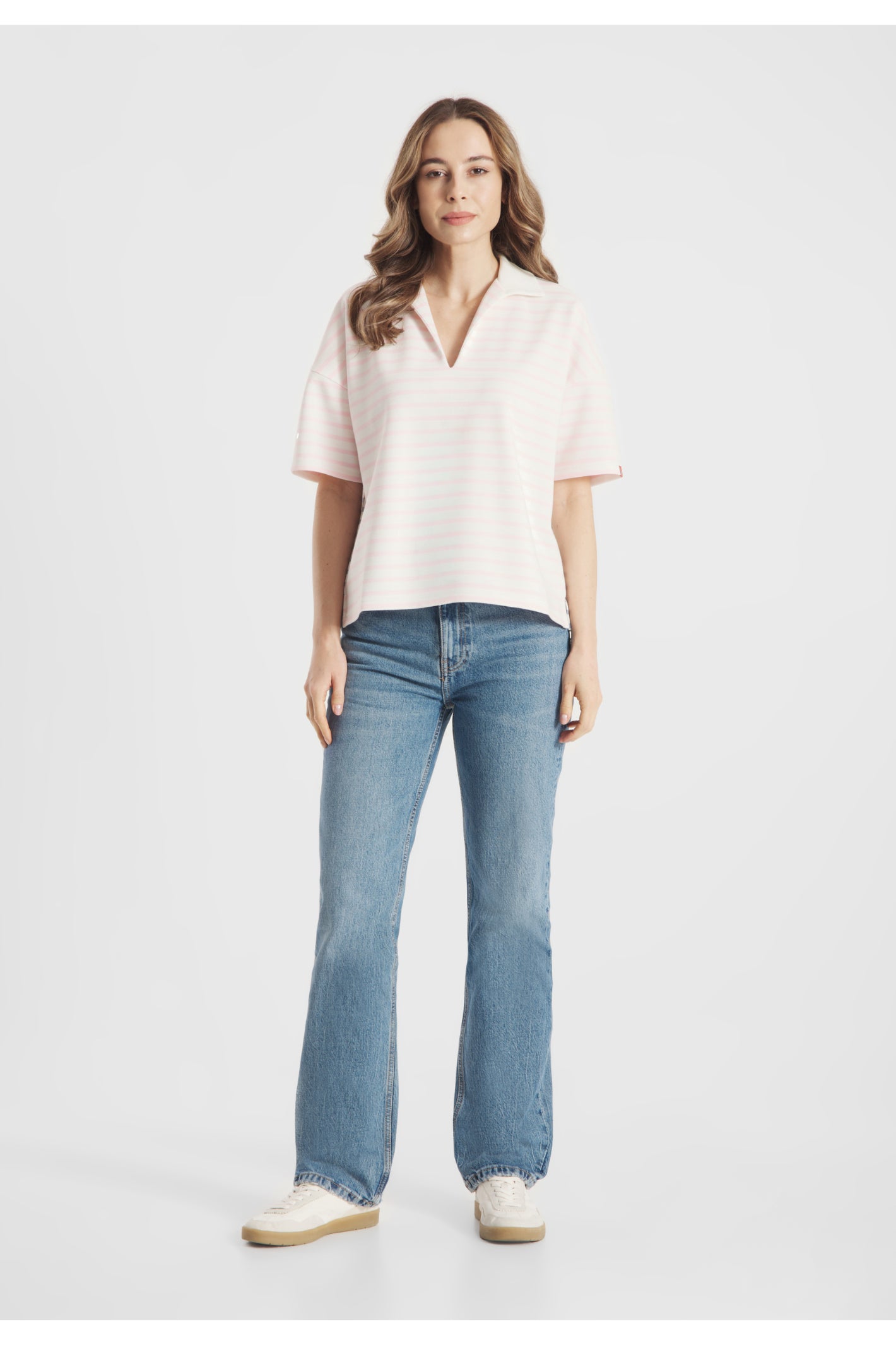 Model wearing Frieda & Freddies 261212 Stripe Collar Top Pink by frieda & freddies shop frieda & freddies at Dotique full length front view