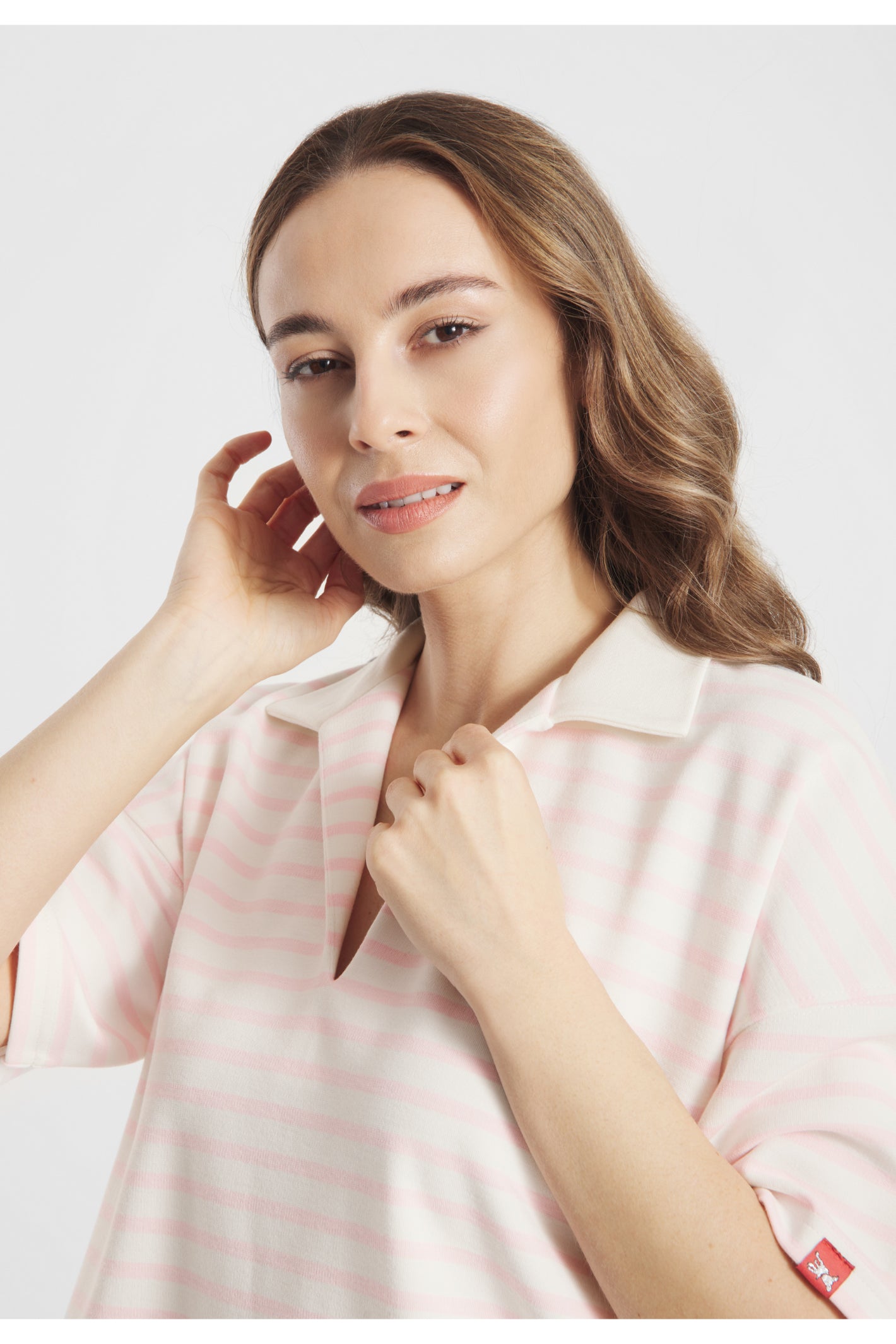 Woman wearing Frieda & Freddies 261212 Stripe Collar Top Pink by frieda & freddies shop frieda & freddies at Dotique close-up front view
