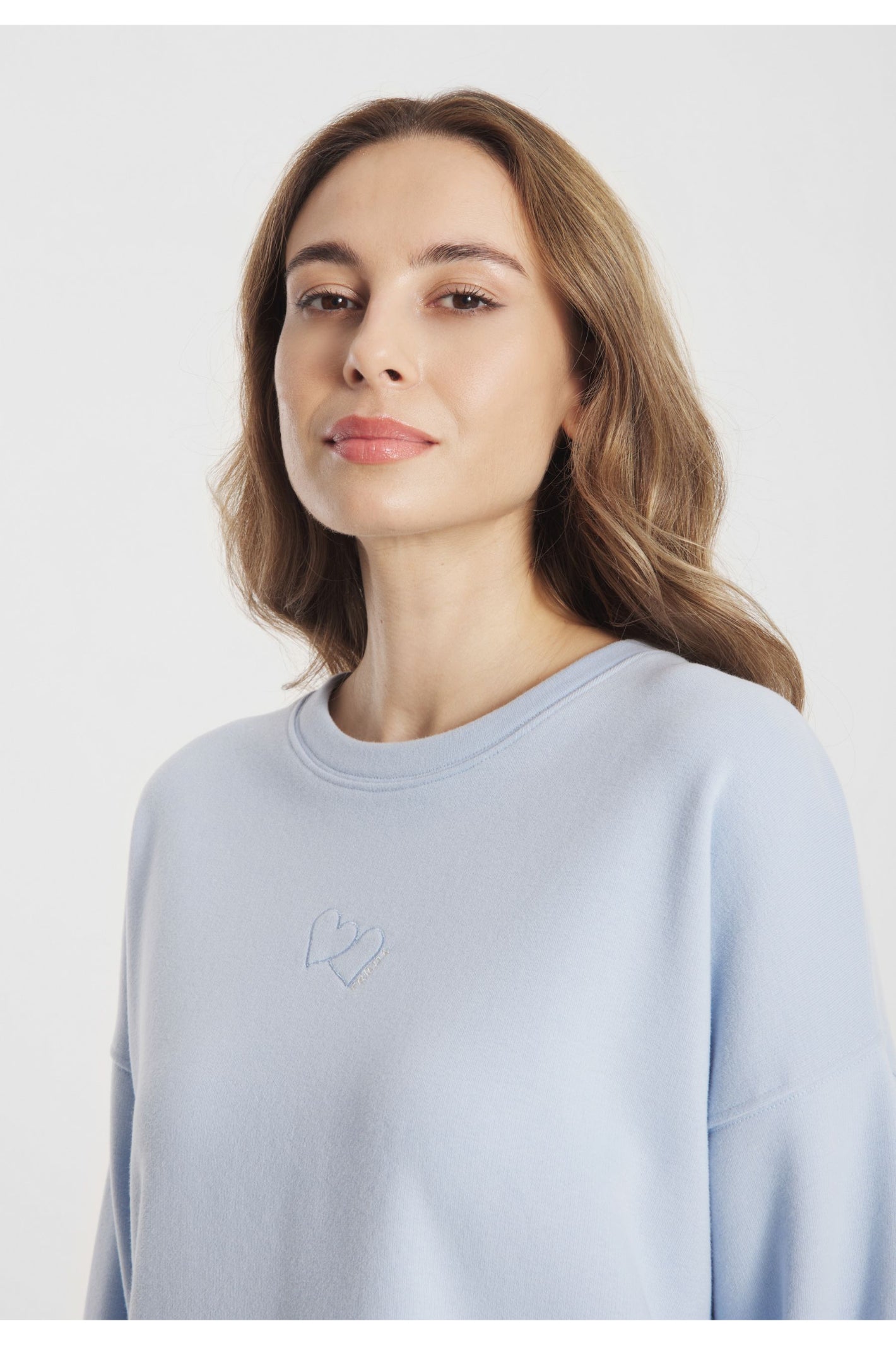 Model wearing Frieda & Freddies 261222 Light Blue Sweatshirt by frieda & freddies, shop frieda & freddies at Dotique close-up view