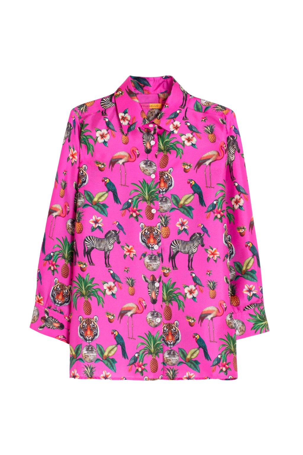 Vilagallo 33391 Fuchsia Exotic Animals Print Silk Shirt by vilagallo available to shop vilagallo at Dotique front view