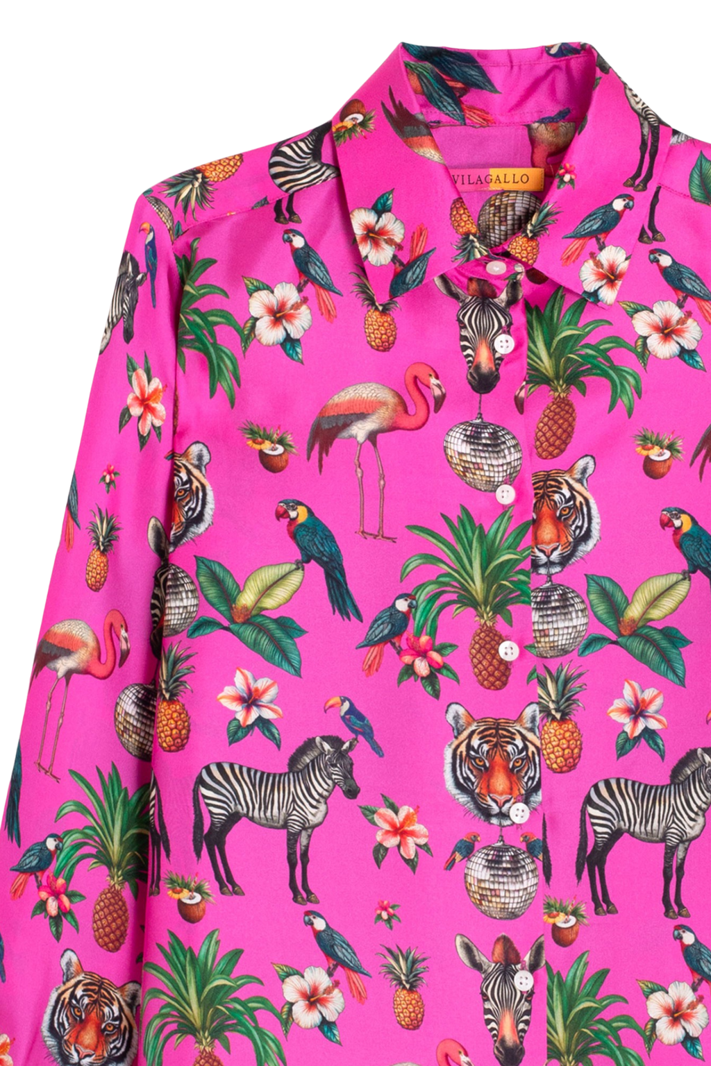 Close-up of Vilagallo 33391 Fuchsia Exotic Animals Print Silk Shirt by vilagallo shop vilagallo at Dotique