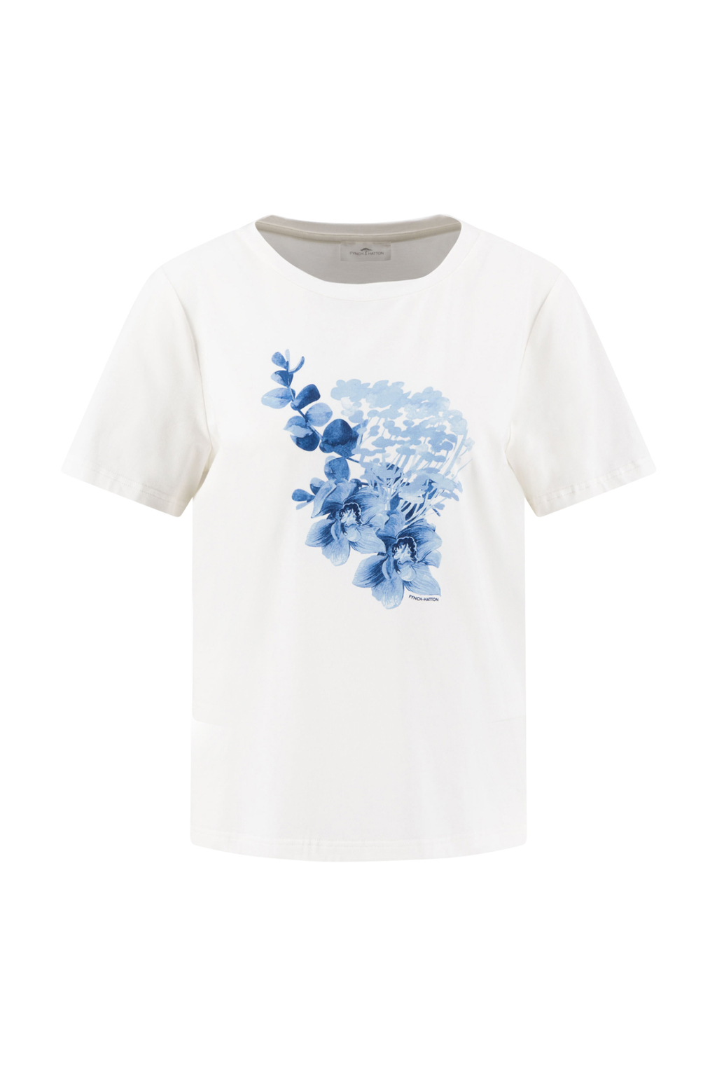 Fynch Hatton 26026275 Milk T-Shirt Tropics featuring a white base with a delicate blue floral print, by Fynch Hatton. Shop Fynch Hatton at Dotique.