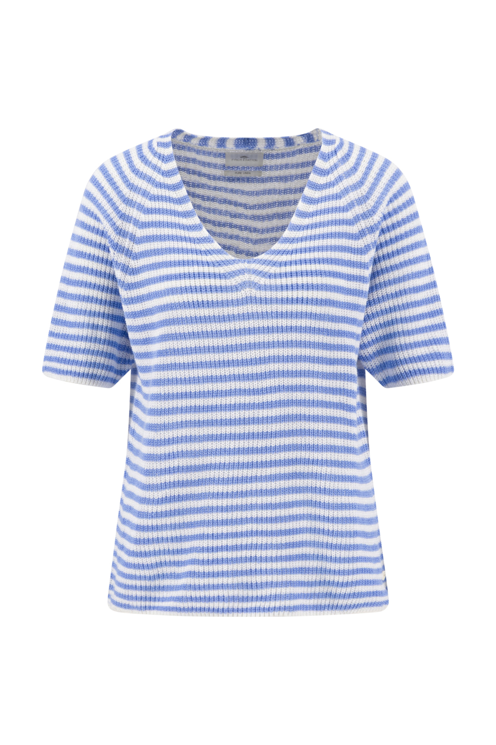 Fynch Hatton 2613 7206 Cornflower Blue Pullover 1/2 V-Neck Stripe Linen