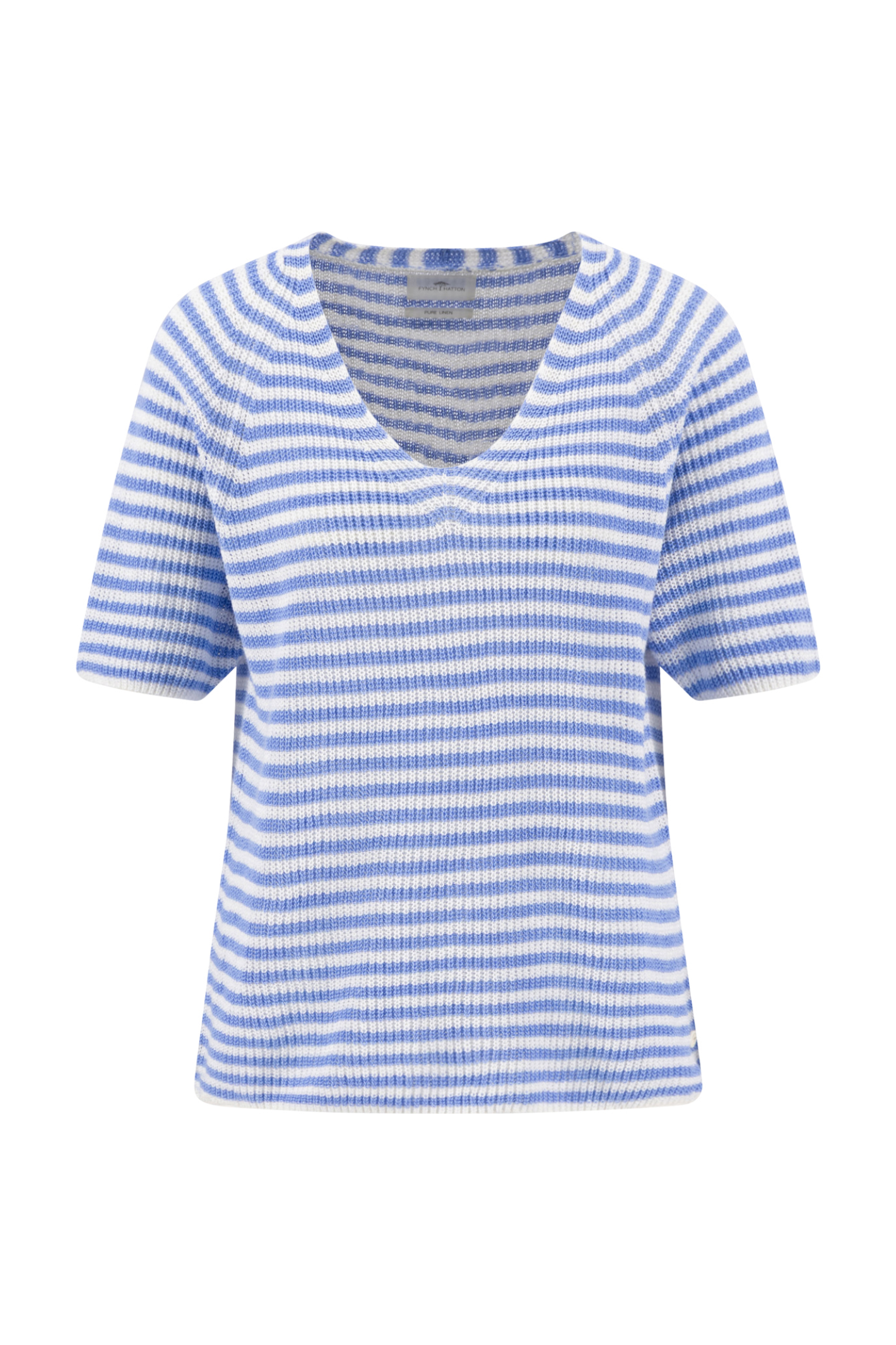 Fynch Hatton 2613 7206 Cornflower Blue Pullover 1/2 V-Neck Stripe Linen with soft blue and white stripes by Fynch Hatton. Shop Fynch Hatton at Dotique.