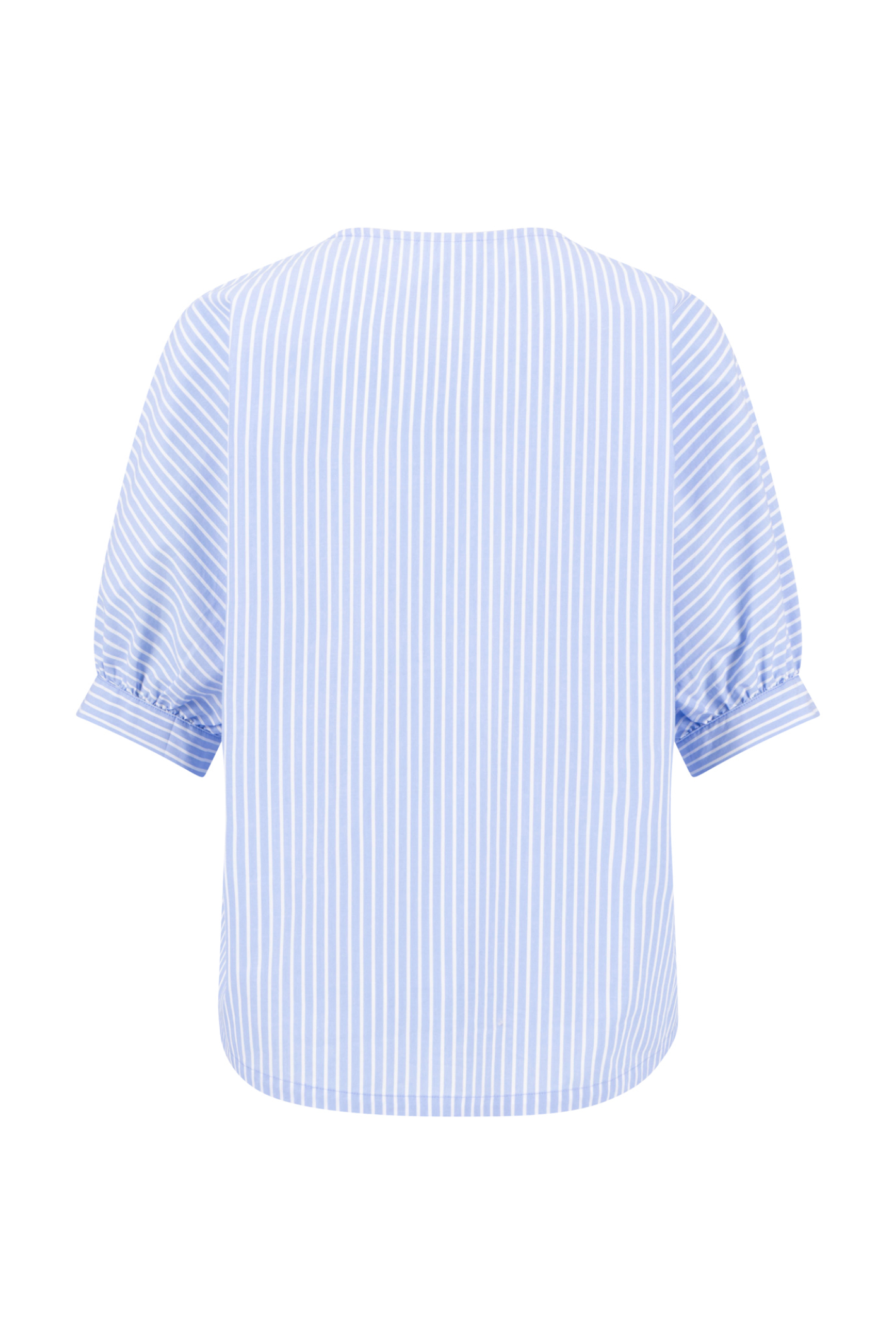 Fynch Hatton 26041458 Cornflower Blue Blouse Ruffel Bind Stripe showing back view with vertical light blue and white stripes by Fynch Hatton. Shop Fynch Hatton at Dotique.