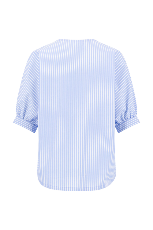 Fynch Hatton 26041458 Cornflower Blue Blouse Ruffel Bind Stripe showing back view with vertical light blue and white stripes by Fynch Hatton. Shop Fynch Hatton at Dotique.