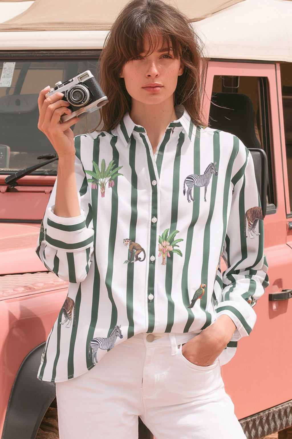 Woman wearing Vilagallo 33315 Green Striped Jungle Animals Shirt by vilagallo shop vilagallo at Dotique casual front view