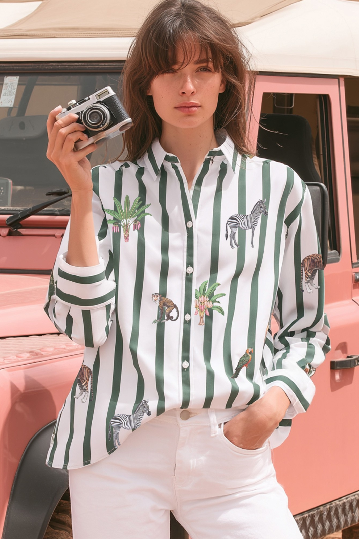 Vilagallo 33315 Green Striped Jungle Animals Shirt by Vilagallo, available to shop at Dotique with jungle print details.