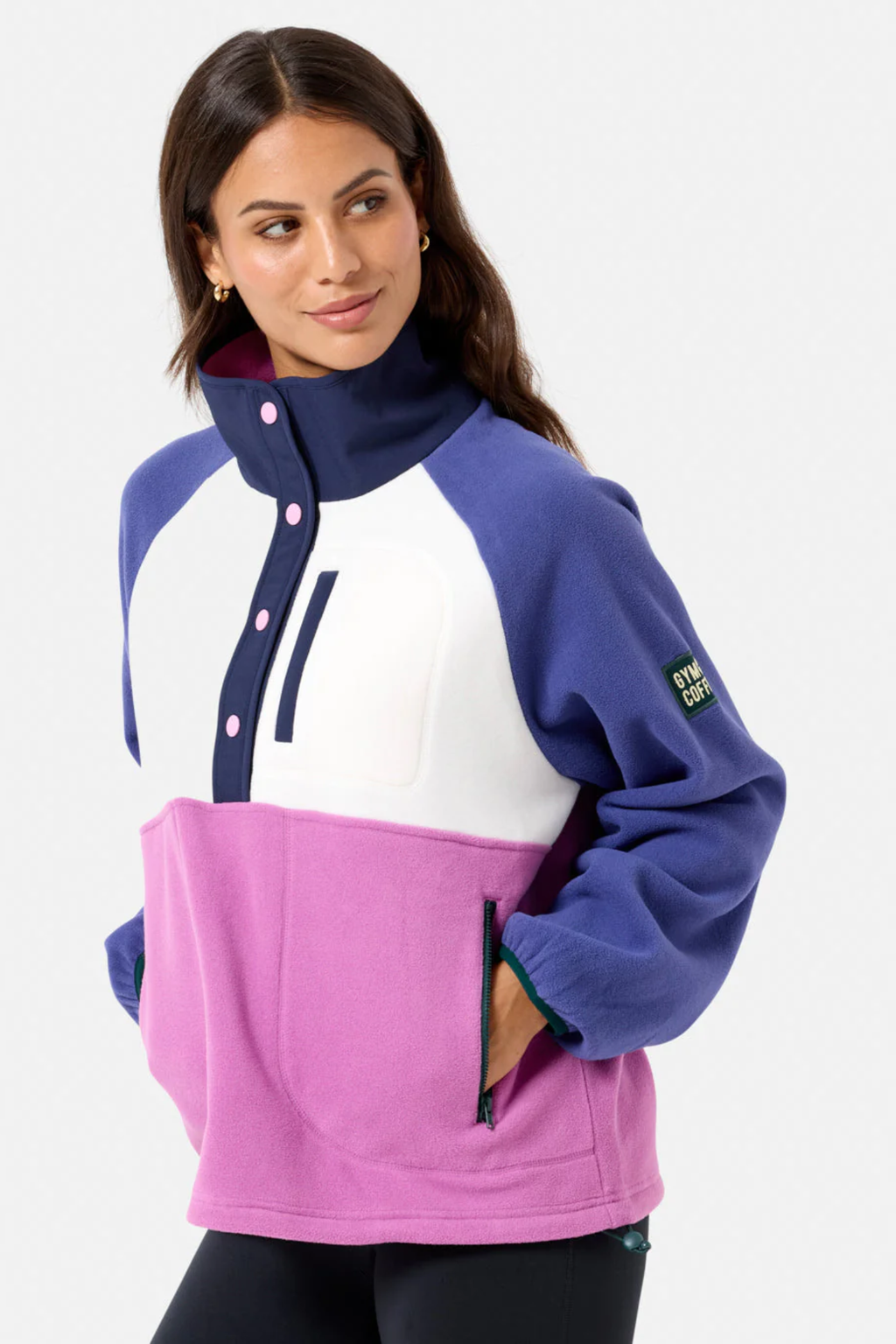 Gym + Coffee snap polar fleece in crisp pink from Dotique