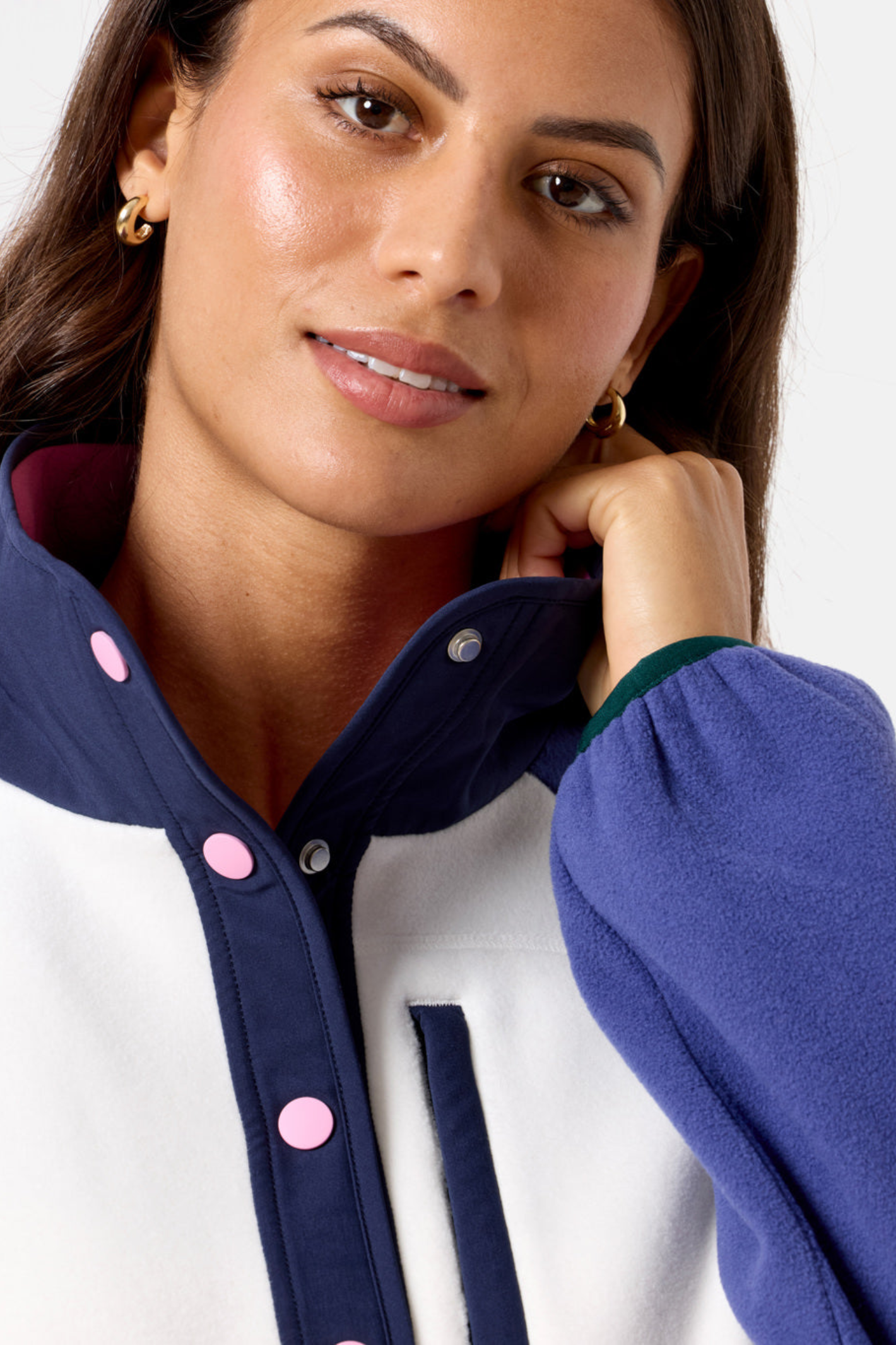 Gym + Coffee snap polar fleece in crisp pink from Dotique