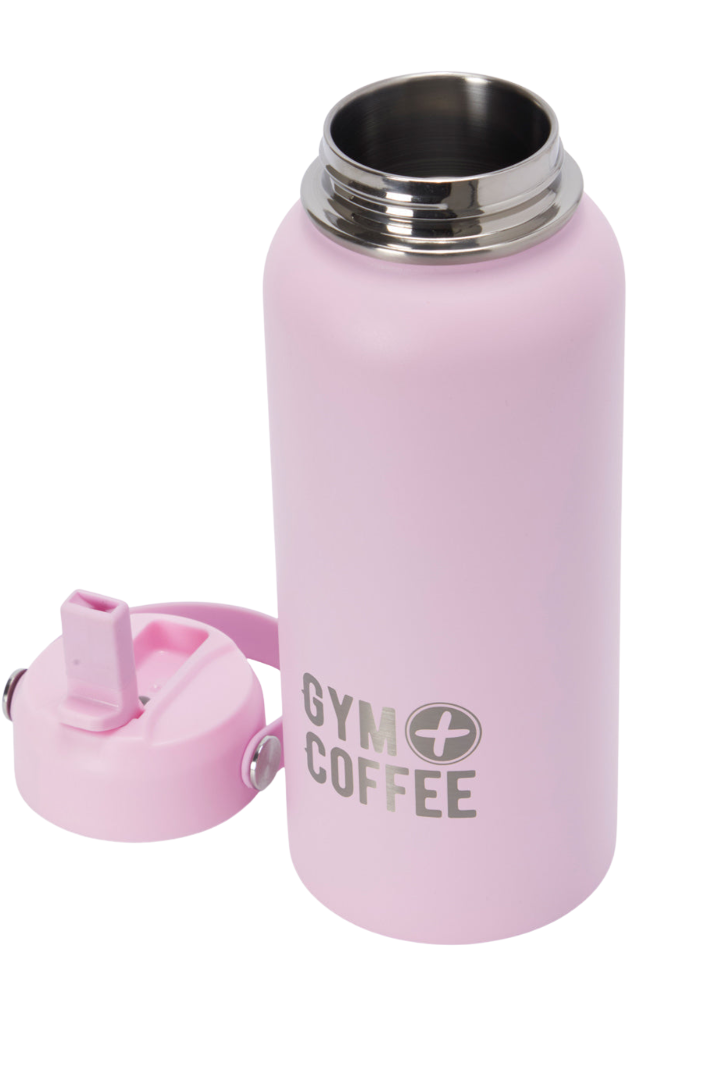 Gym+Coffee 1L Hydrate Bottle in Cotton Candy by Gym+Coffee with lid open, shop Gym+Coffee at Dotique for hydration essentials