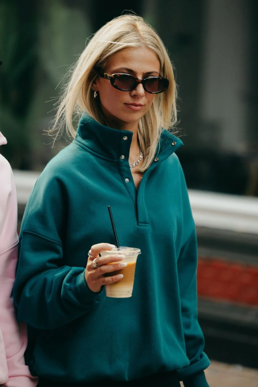 Gym+Coffee turquoise snap-collar Sierra sweatshirt with oversized fit and ribbed detail at Dotique.