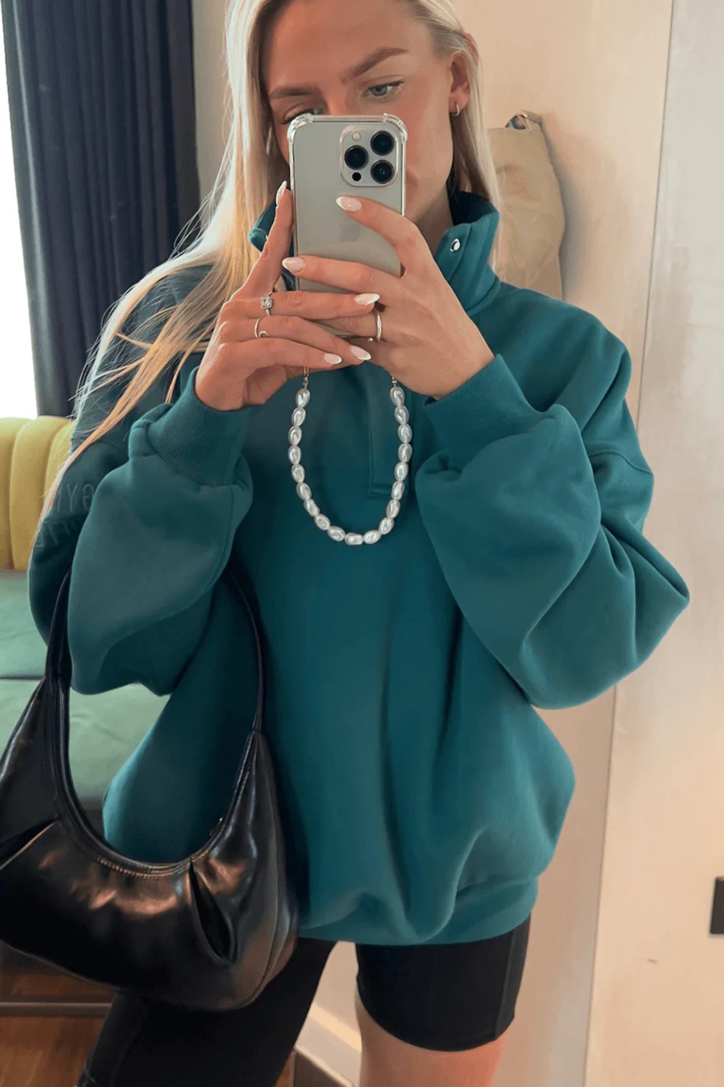 Gym+Coffee turquoise snap-collar Sierra sweatshirt with oversized fit and ribbed detail at Dotique.