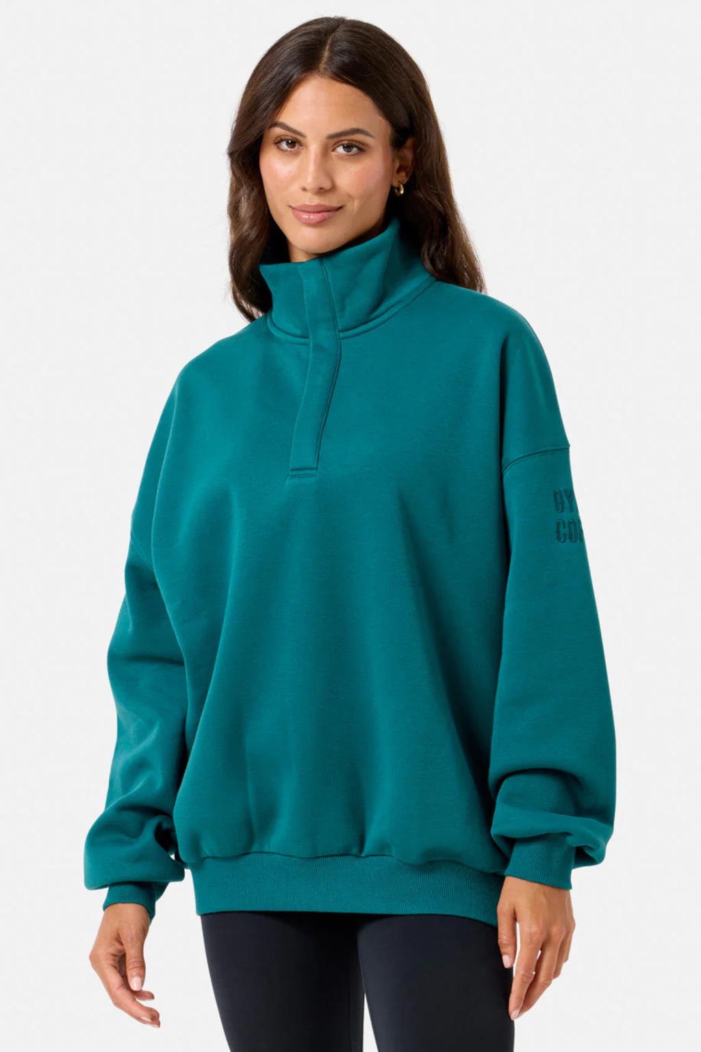Gym+Coffee turquoise snap-collar Sierra sweatshirt with oversized fit and ribbed detail at Dotique.